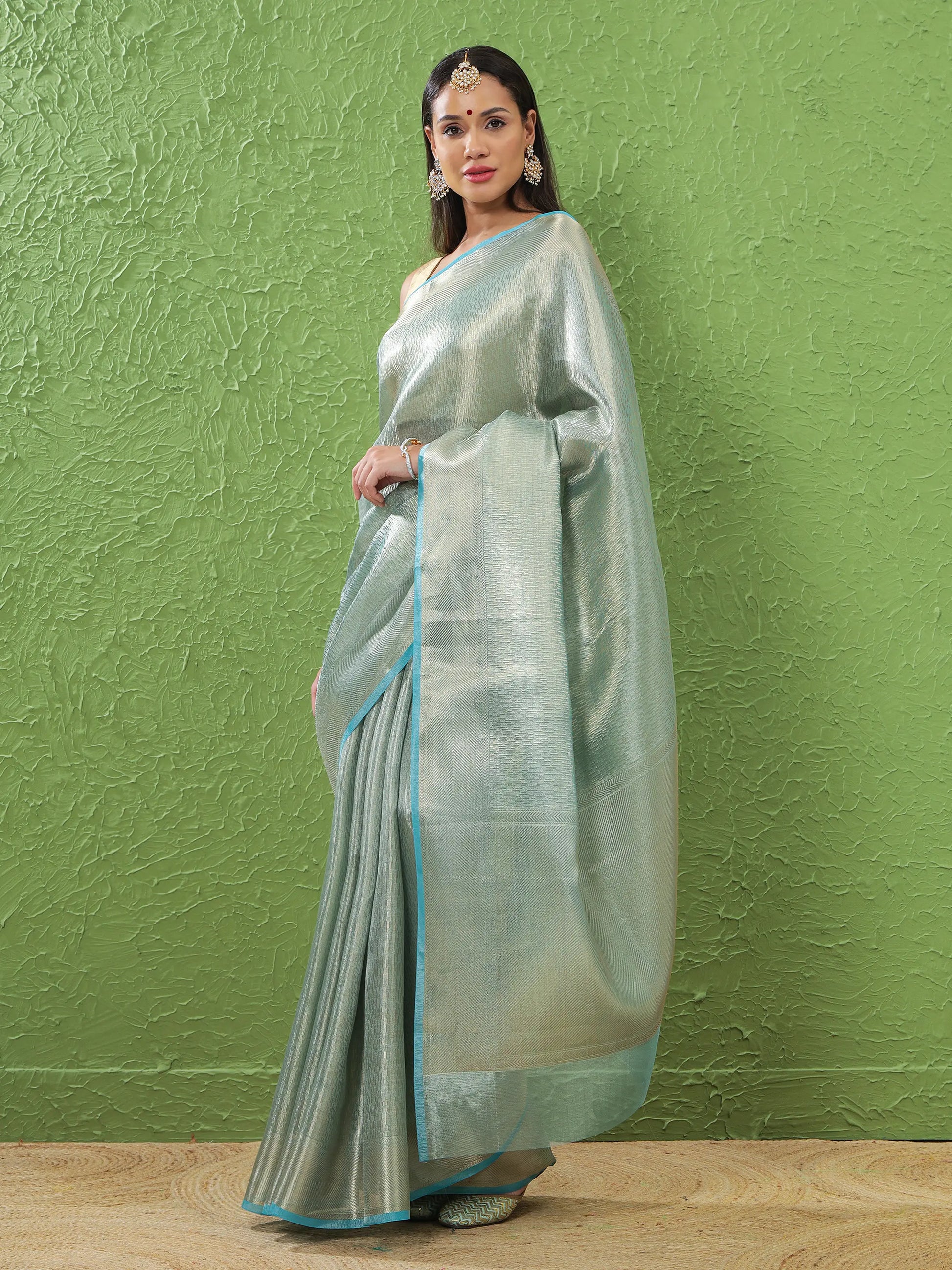 Banarasi Tissue Metallic Body Saree – Mint