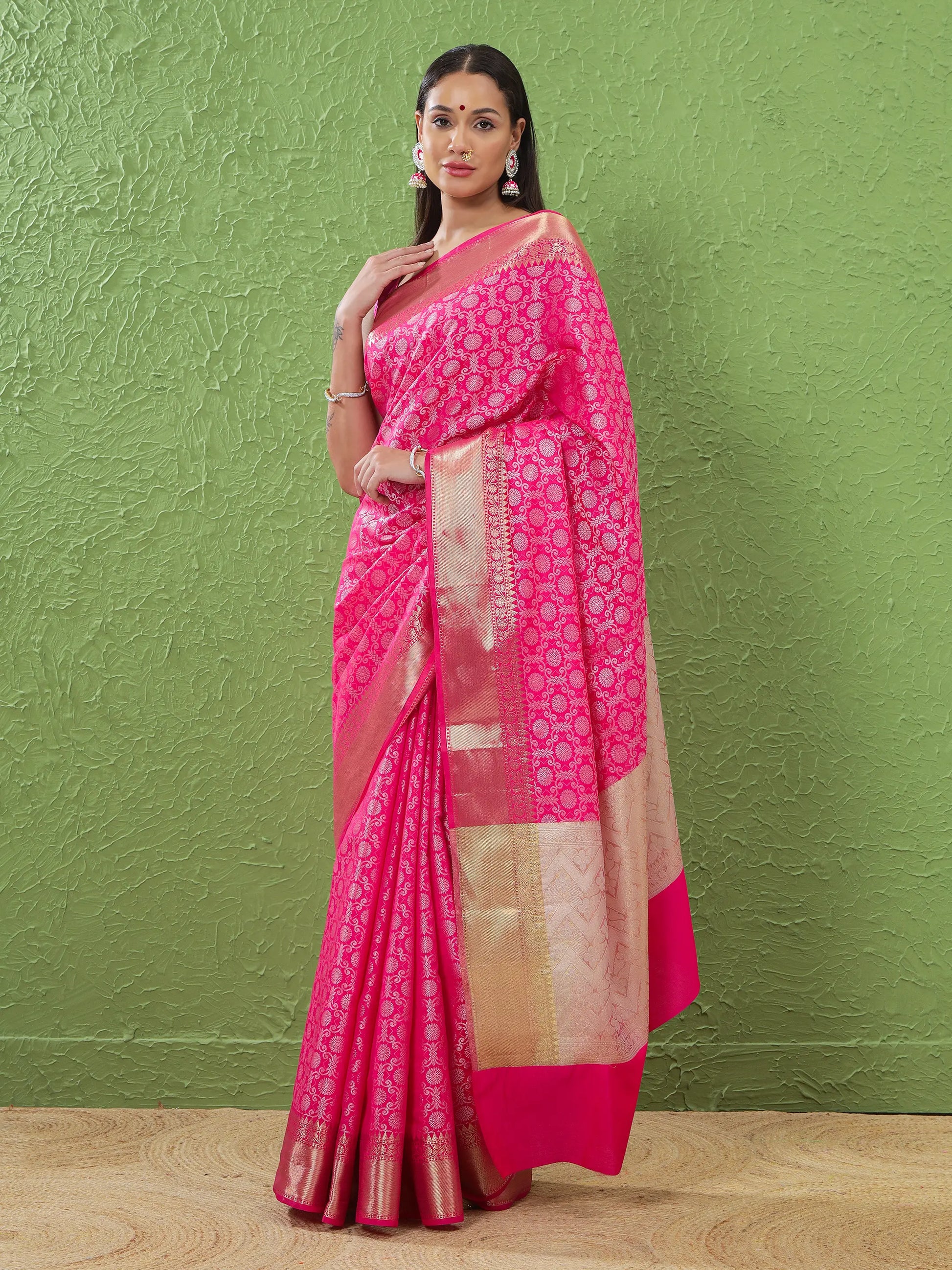Banarasi Silk Heavy Jaal Weave Saree - Rose Pink