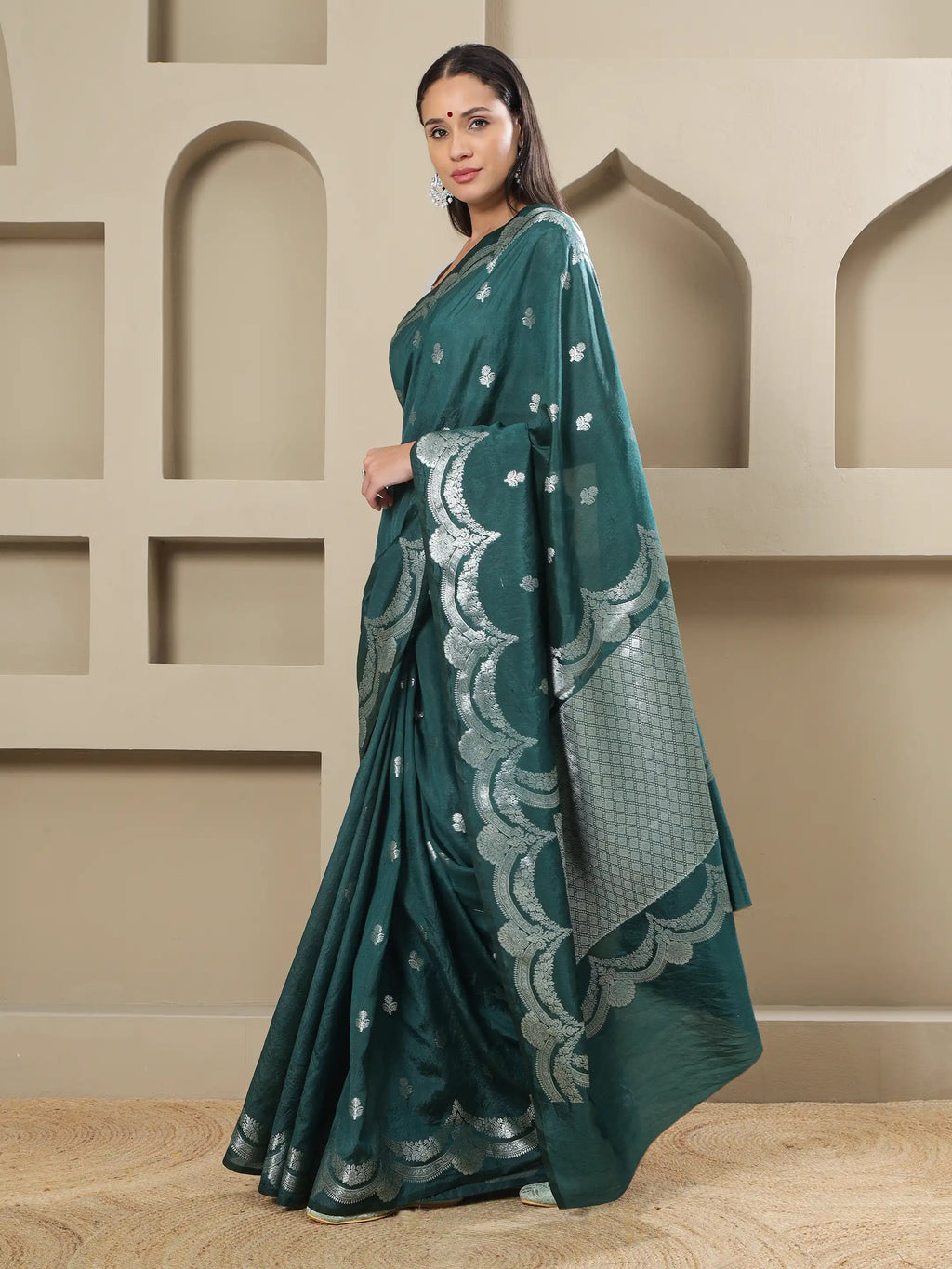 Banarasi Silk Mehrab Design Saree - Forest Green