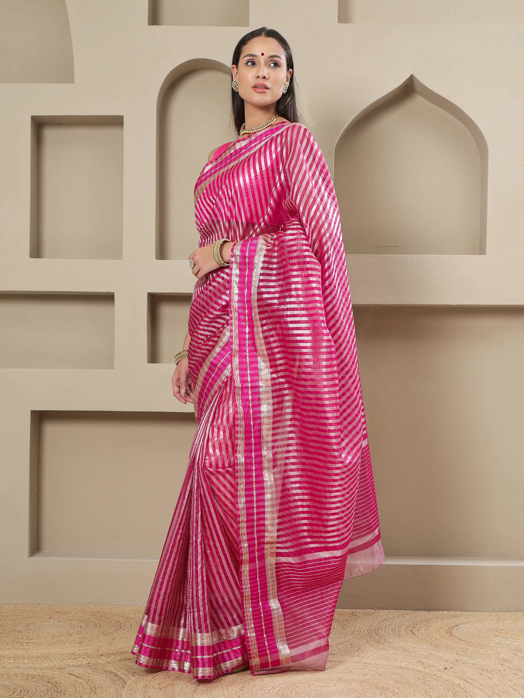 Banarasi Striped Zari Tissue Saree - Pink