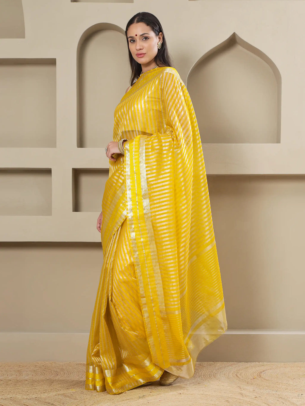 Banarasi Striped Zari Tissue Saree - Yellow