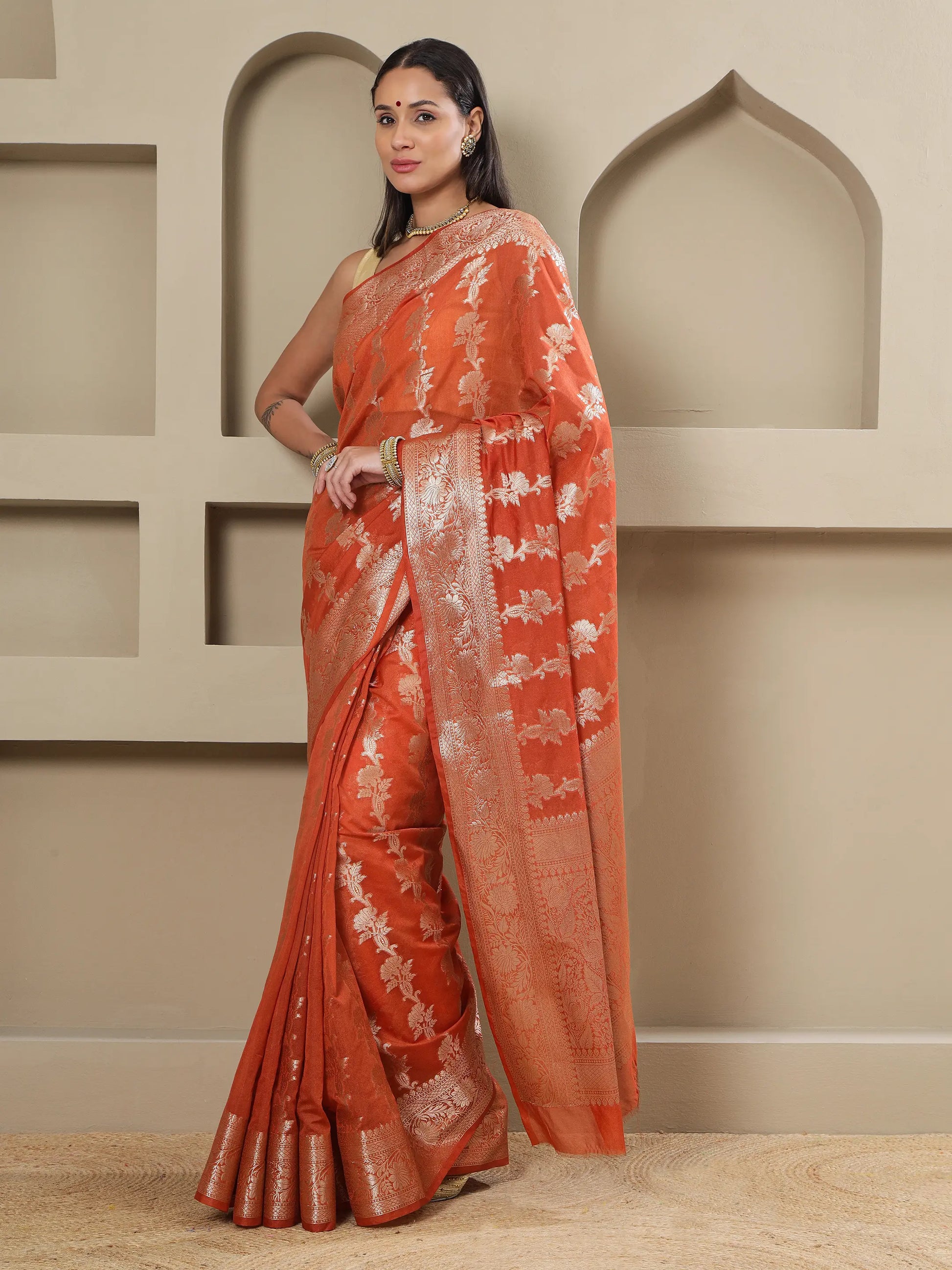 Banarasi Silk Heavy Zari Work - Tangerine Orange