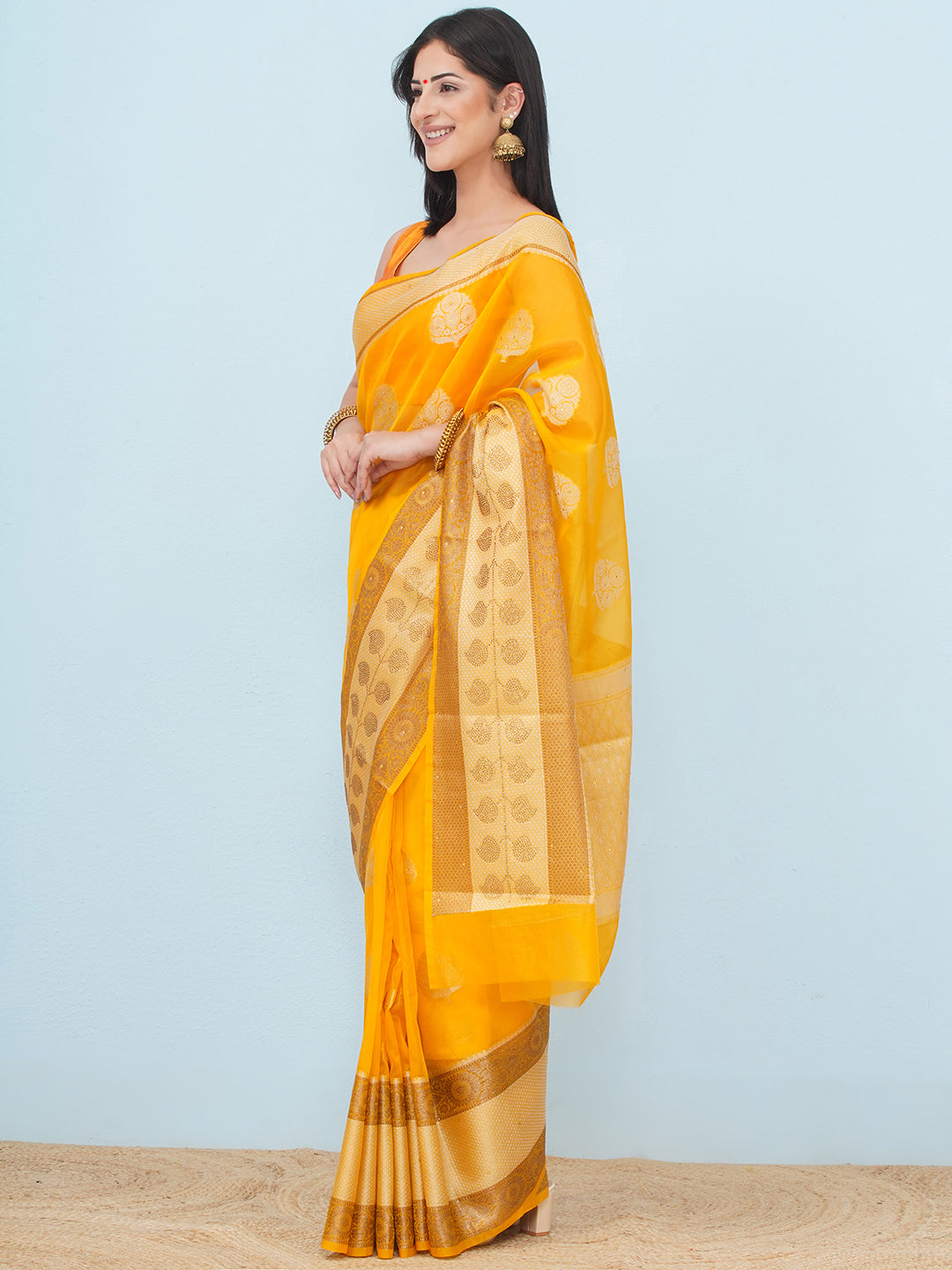 Banarasi Organza Broad Border Saree - Mango Yellow