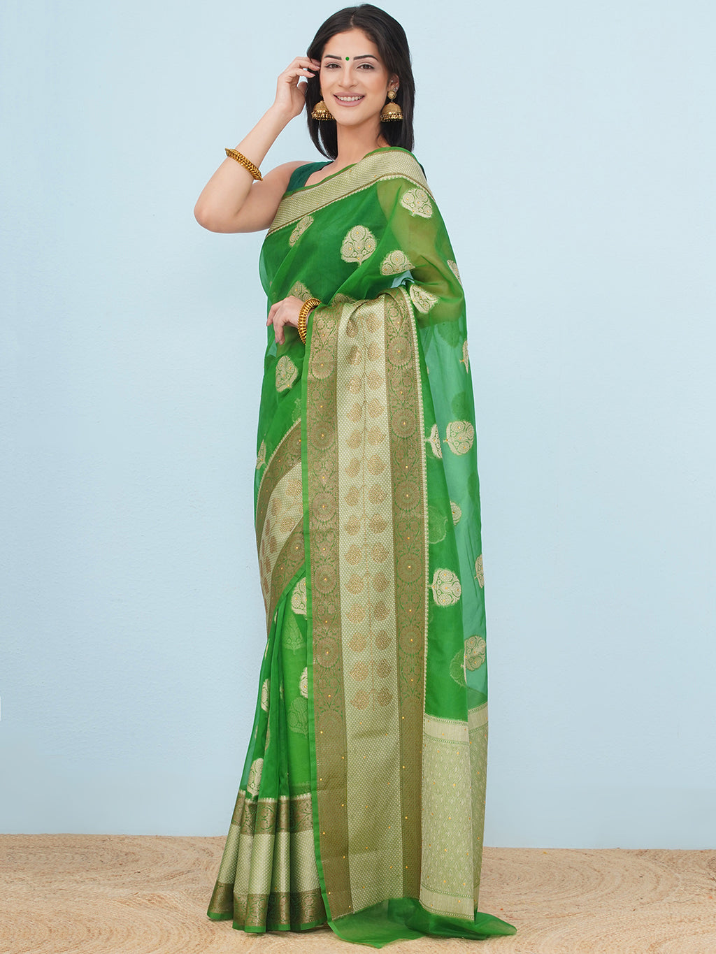 Banarasi Organza Broad Border Saree - Emerald Green