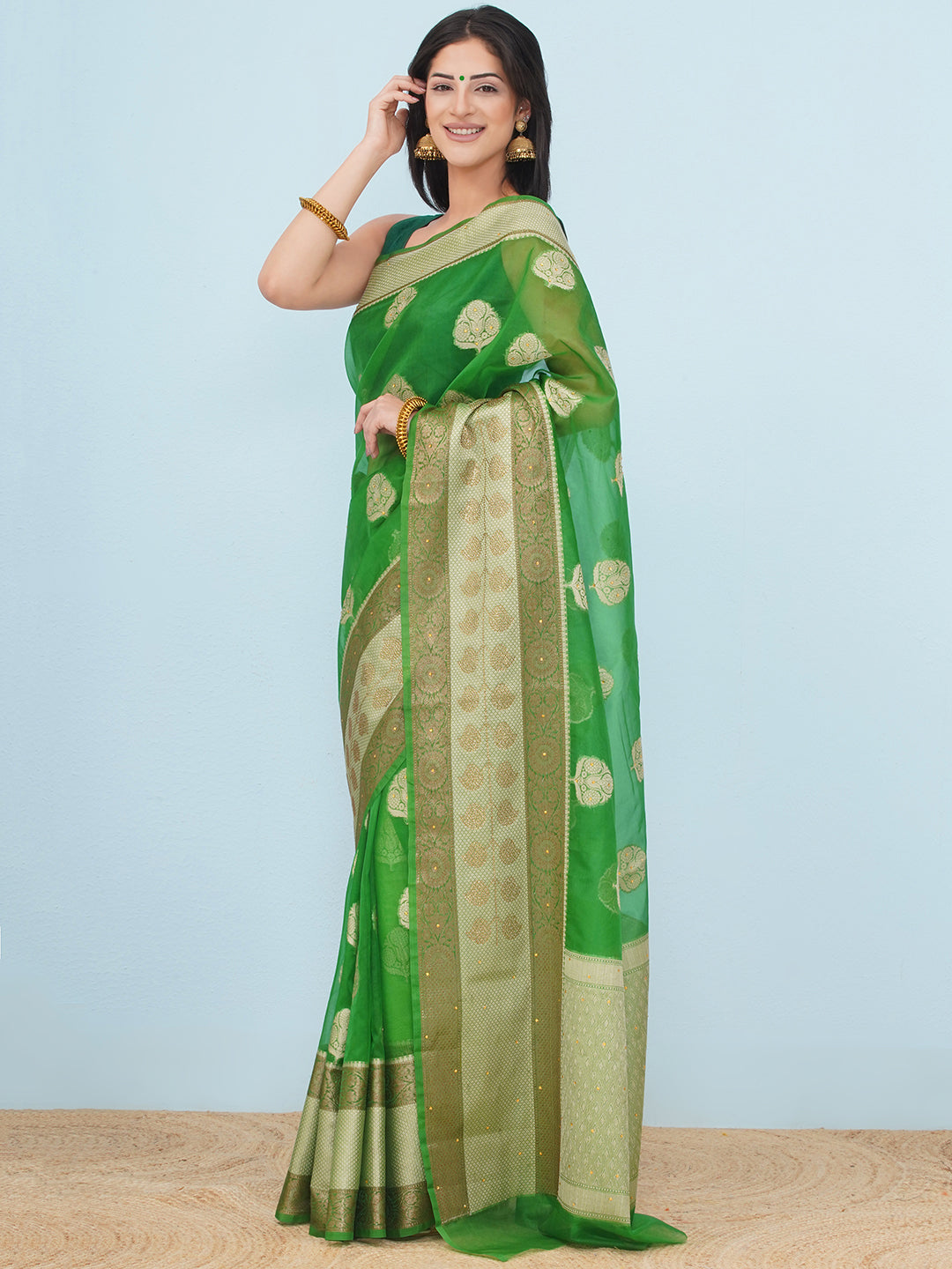 Banarasi Organza Broad Border Saree - Emerald Green