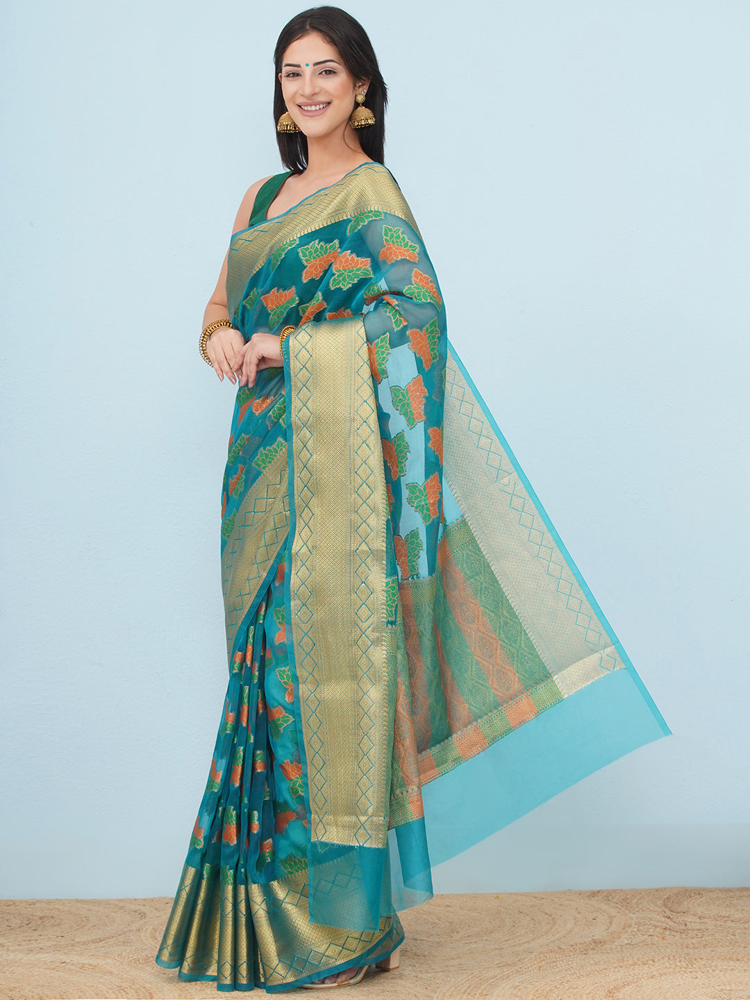 Banarasi Organza Saree with Golden Zari Border - Teal Blue