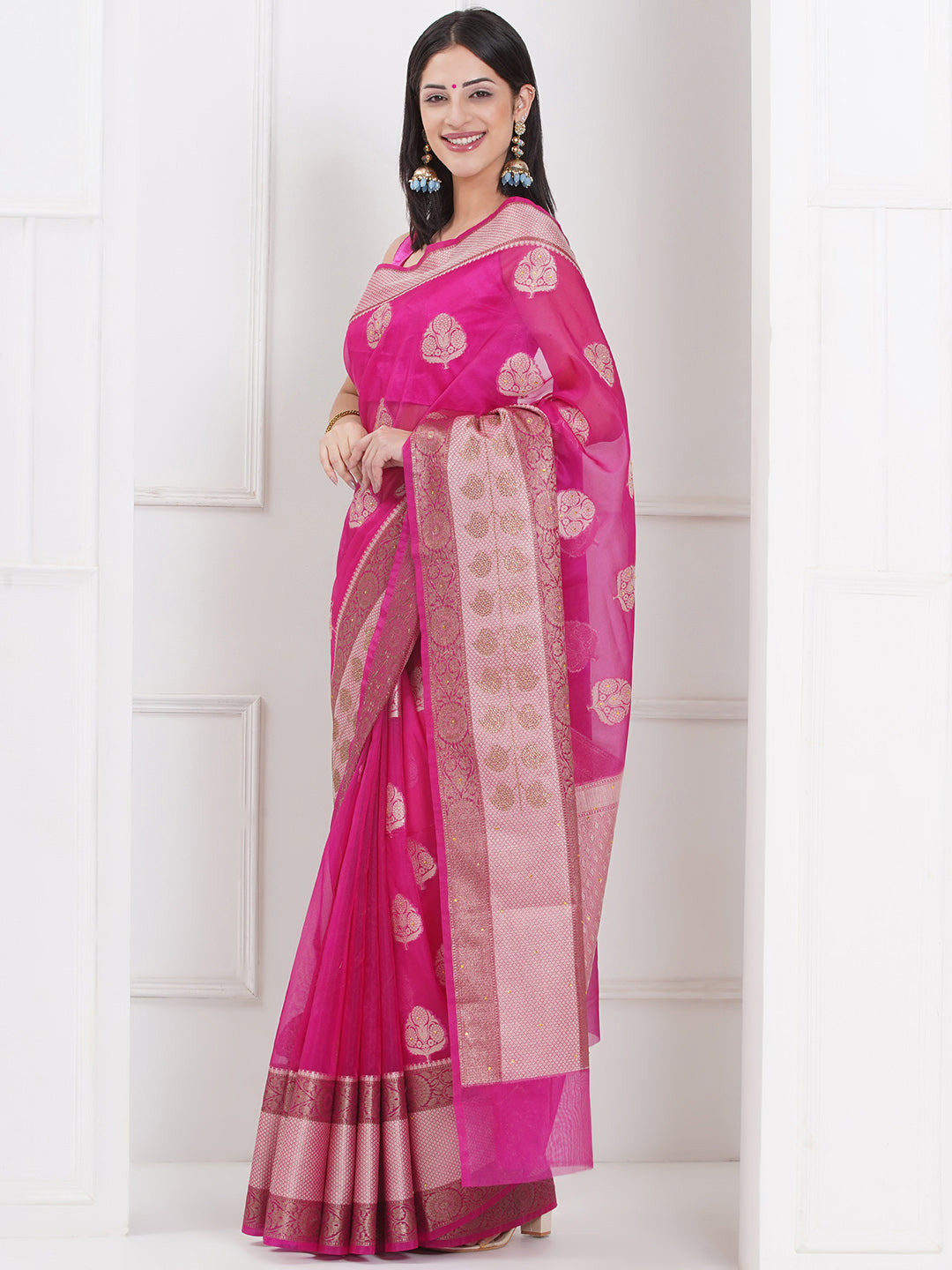 Banarasi Organza Broad Border Saree - Rani Pink