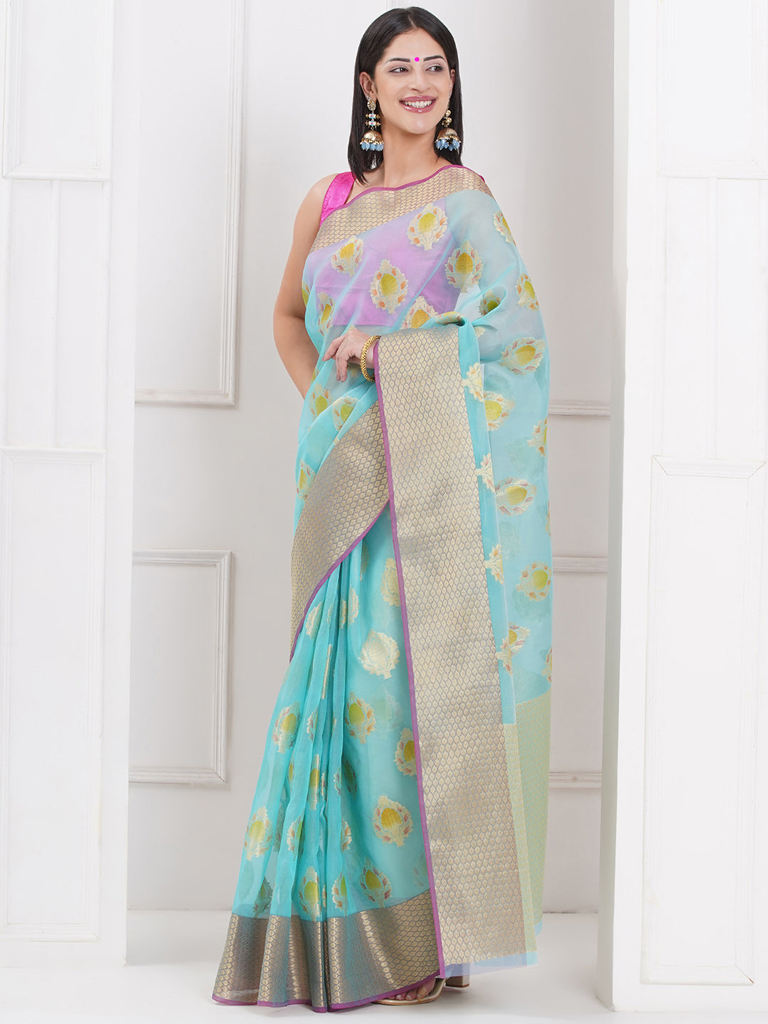 Banarasi Organza Saree with Golden Zari Border - Sky Blue