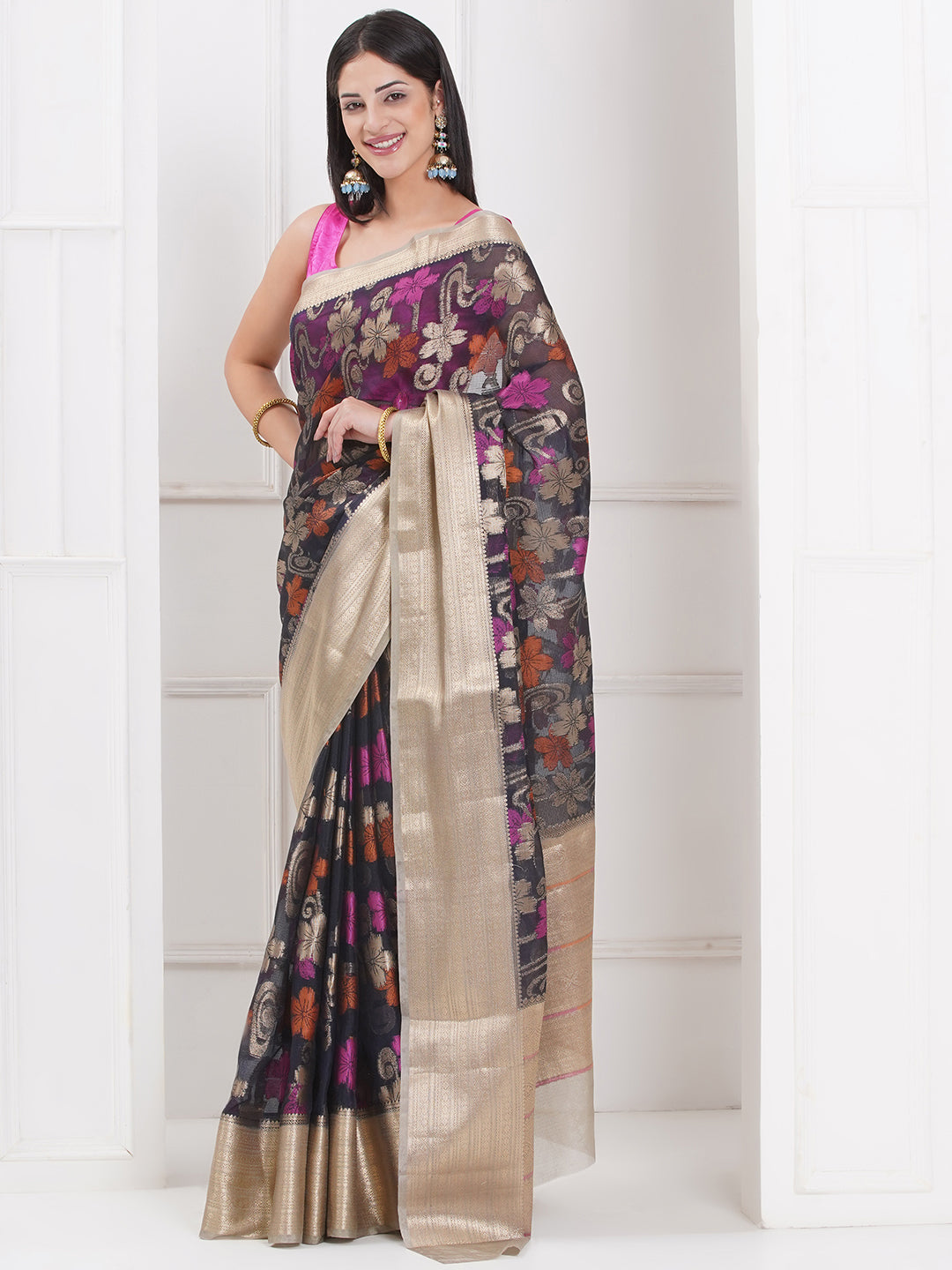 Banarasi Organza Saree With Golden Zari Border - Black