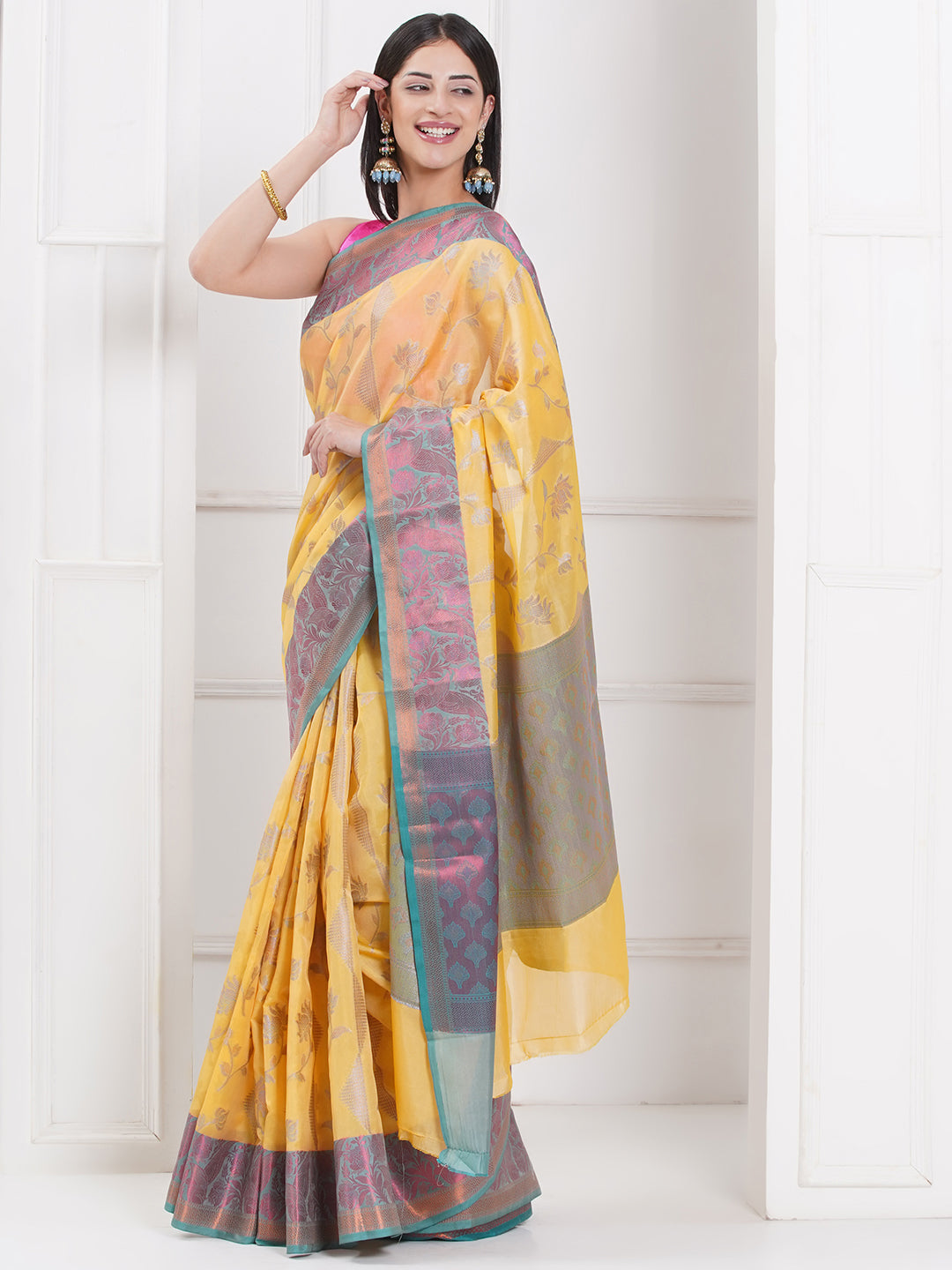 Banarasi Silk Blend Broad Border Saree – Golden Yellow
