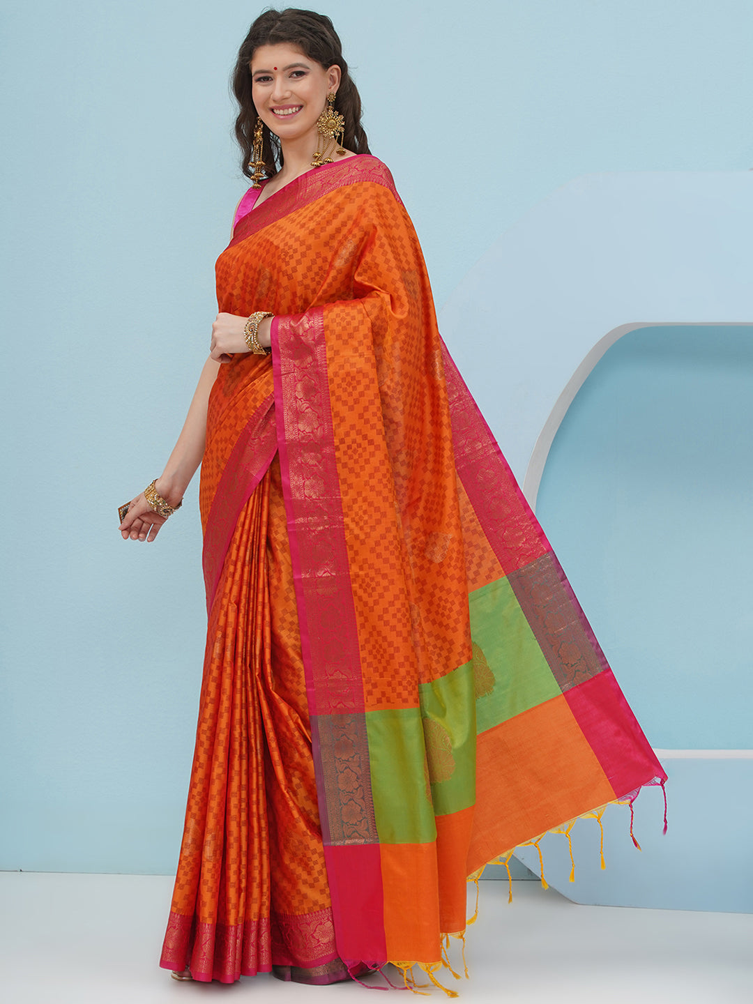 Banarasi Silk Blend Woven Border Saree – Tangerine Orange