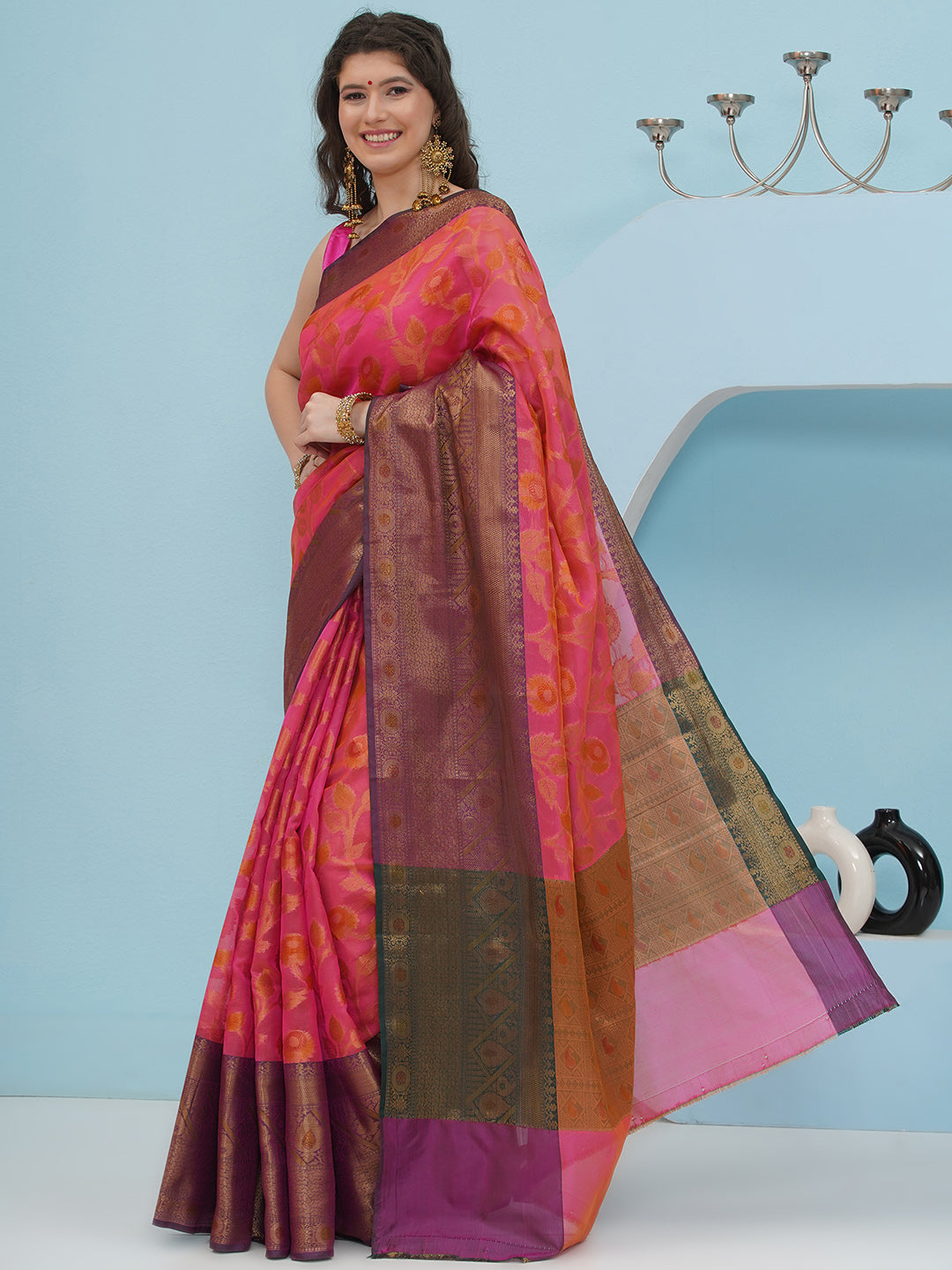Banarasi Silk Blend Woven Border Saree – Magenta