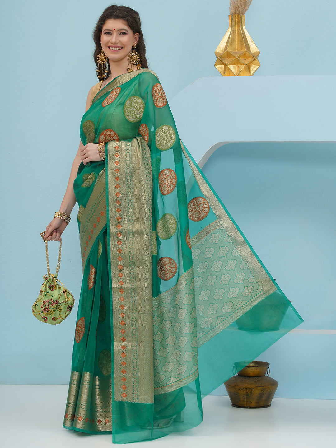 Banarasi Organza Woven Saree – Emerald Green