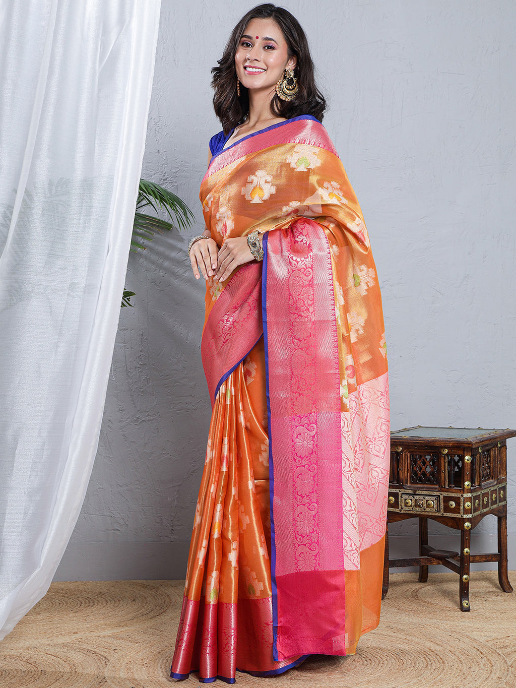 Banarasi Woven Tissue Skirt Border Saree - Orange & Pink