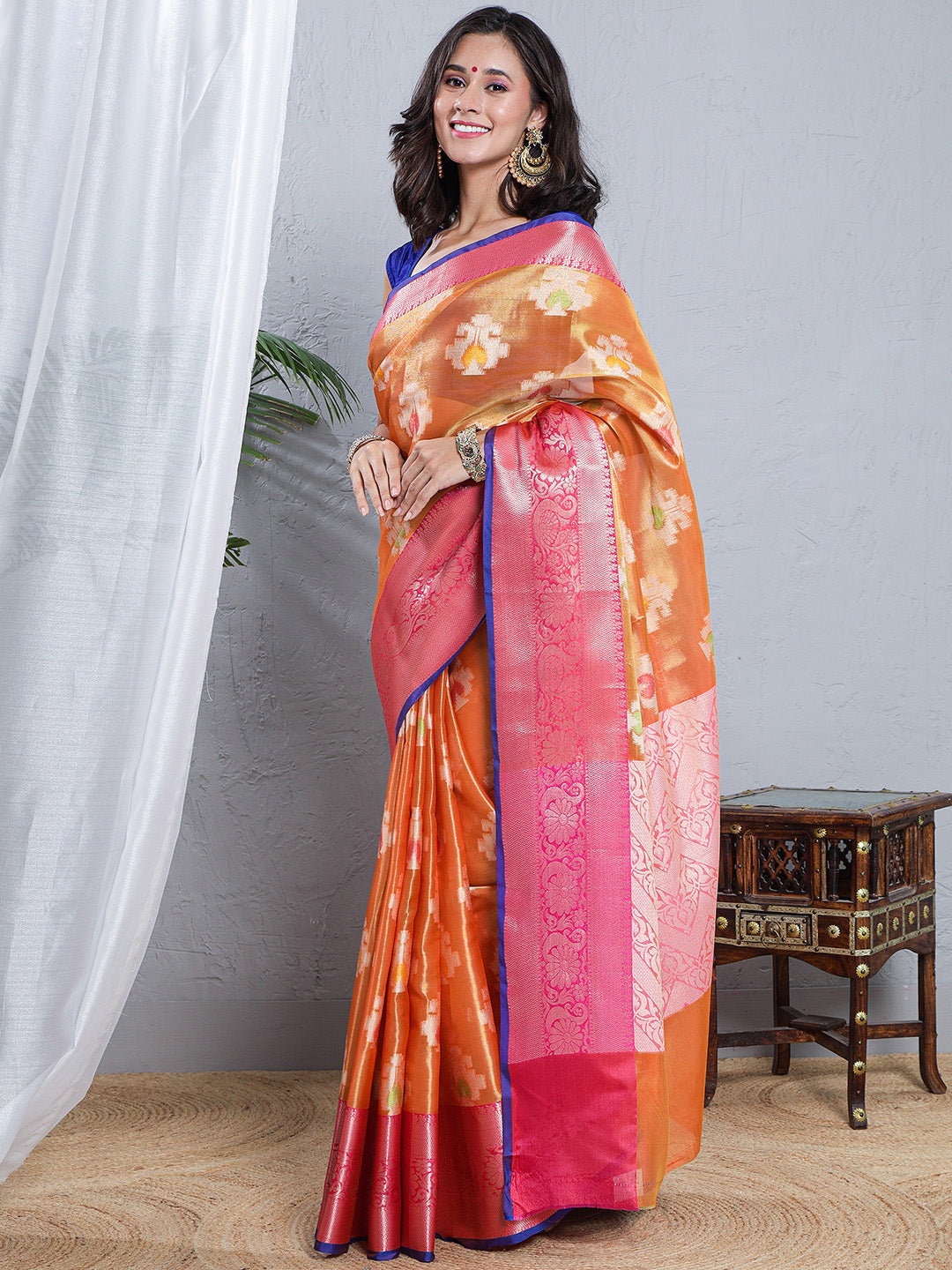 Banarasi Woven Tissue Skirt Border Saree - Orange & Pink
