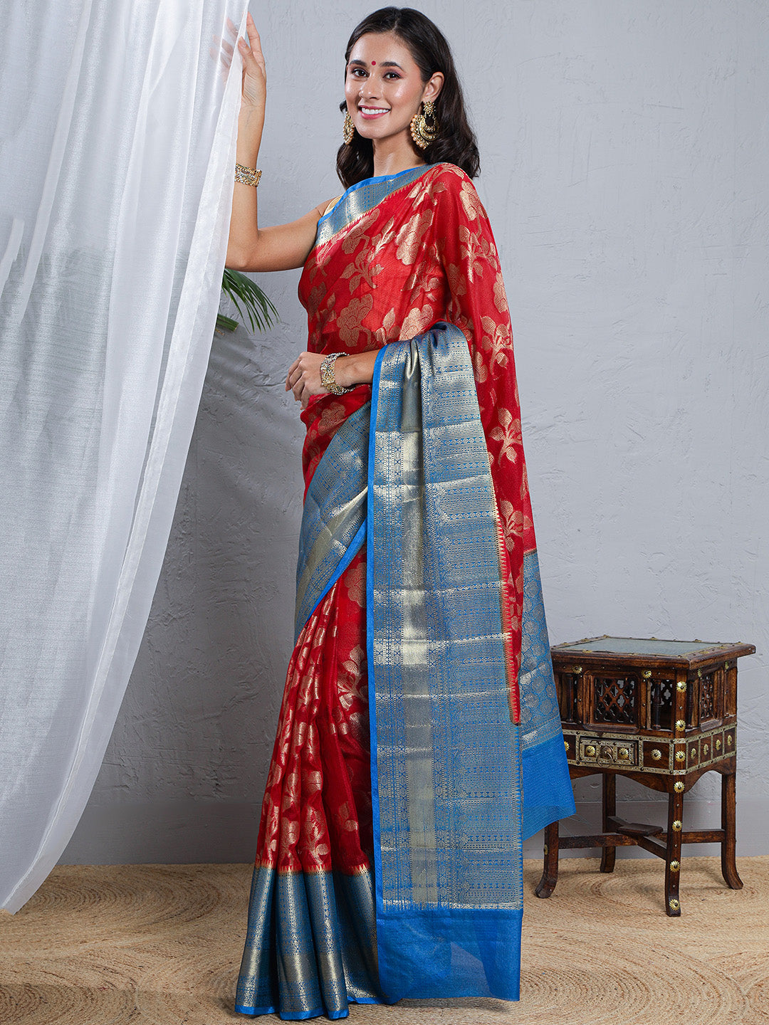 Banarasi Kota Silk Woven Skirt Body Saree - Red & Blue
