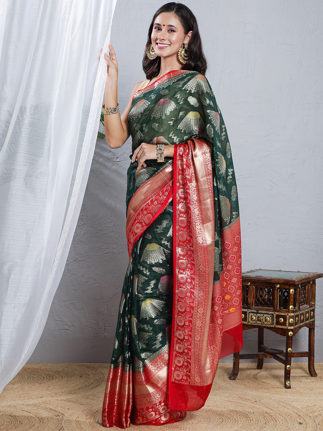 Banarasi Kota Silk Woven Skirt Border Saree - Deep Green & Red