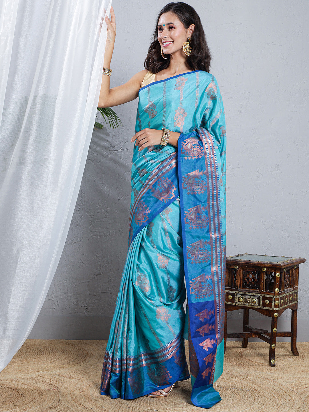Banarasi Silk Woven Saree - Aqua Blue & Royal Blue