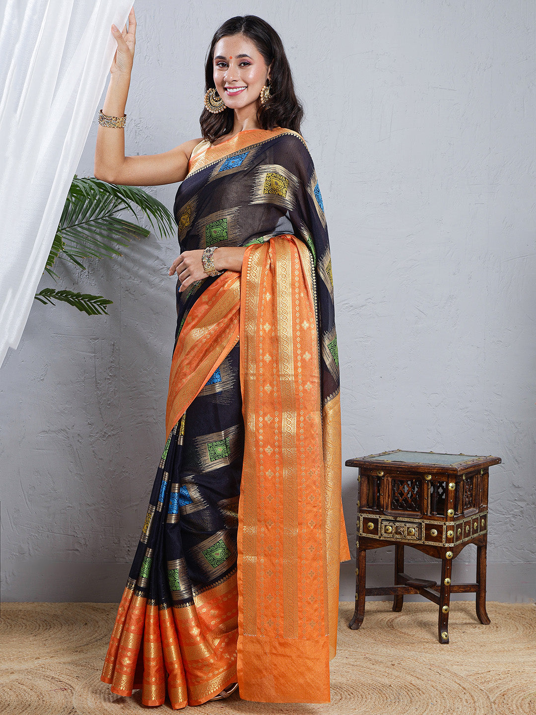 Banarasi Kota Silk Woven Skirt Body Saree - Navy Blue & Orange