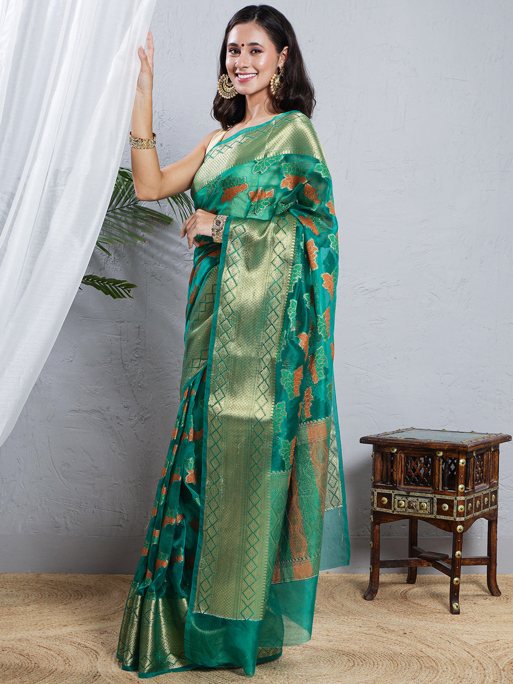 Banarasi Organza Saree with Golden Zari Border - Green