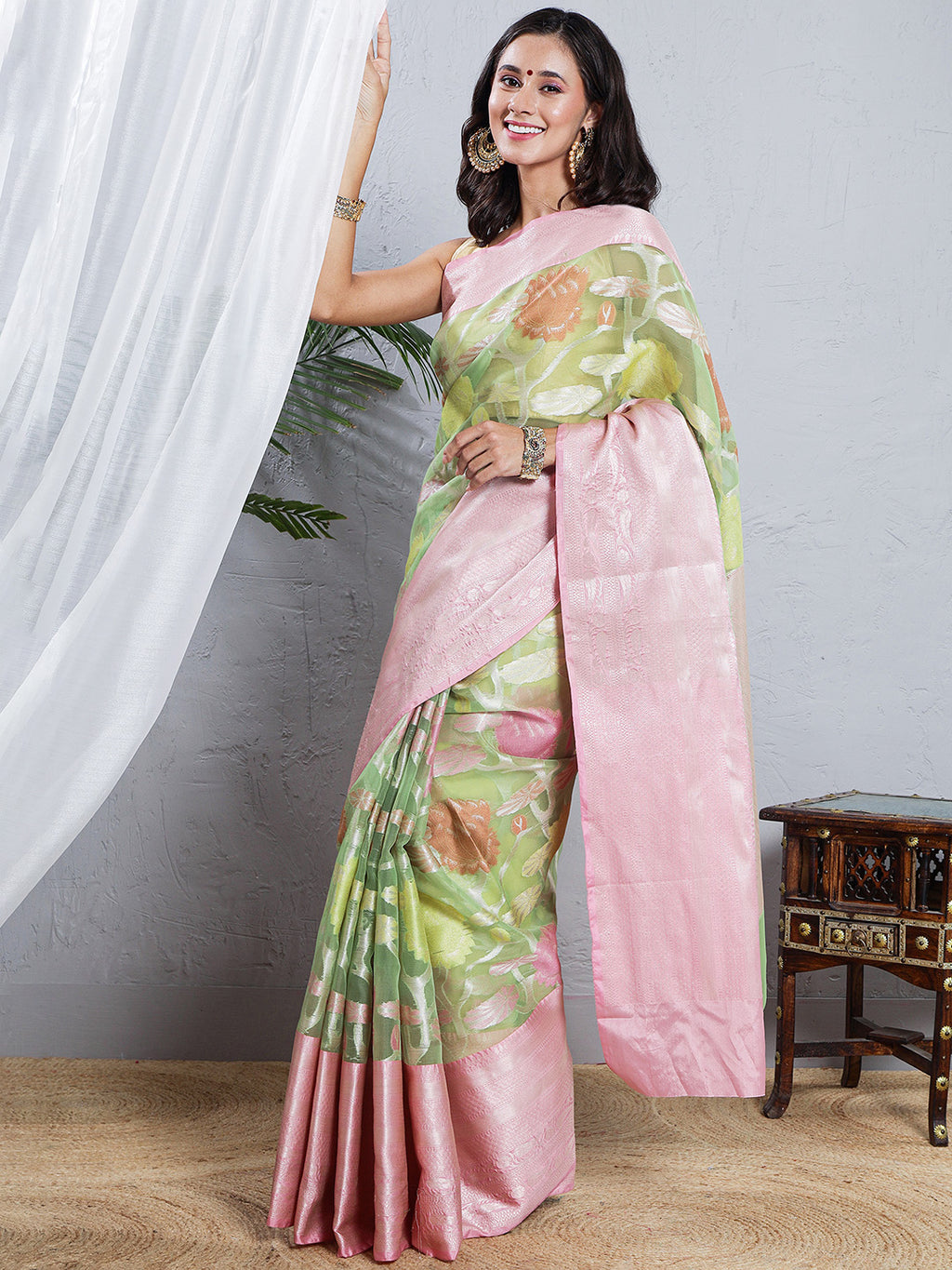 Banarasi Organza Floral Woven Saree - Soft Pink & Pastel Green