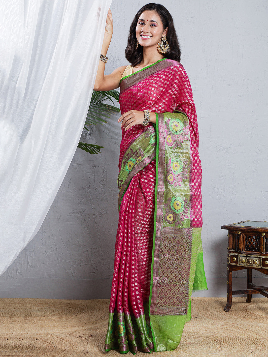 Banarasi Pure Georgette Zari Buta Woven Saree – Magenta