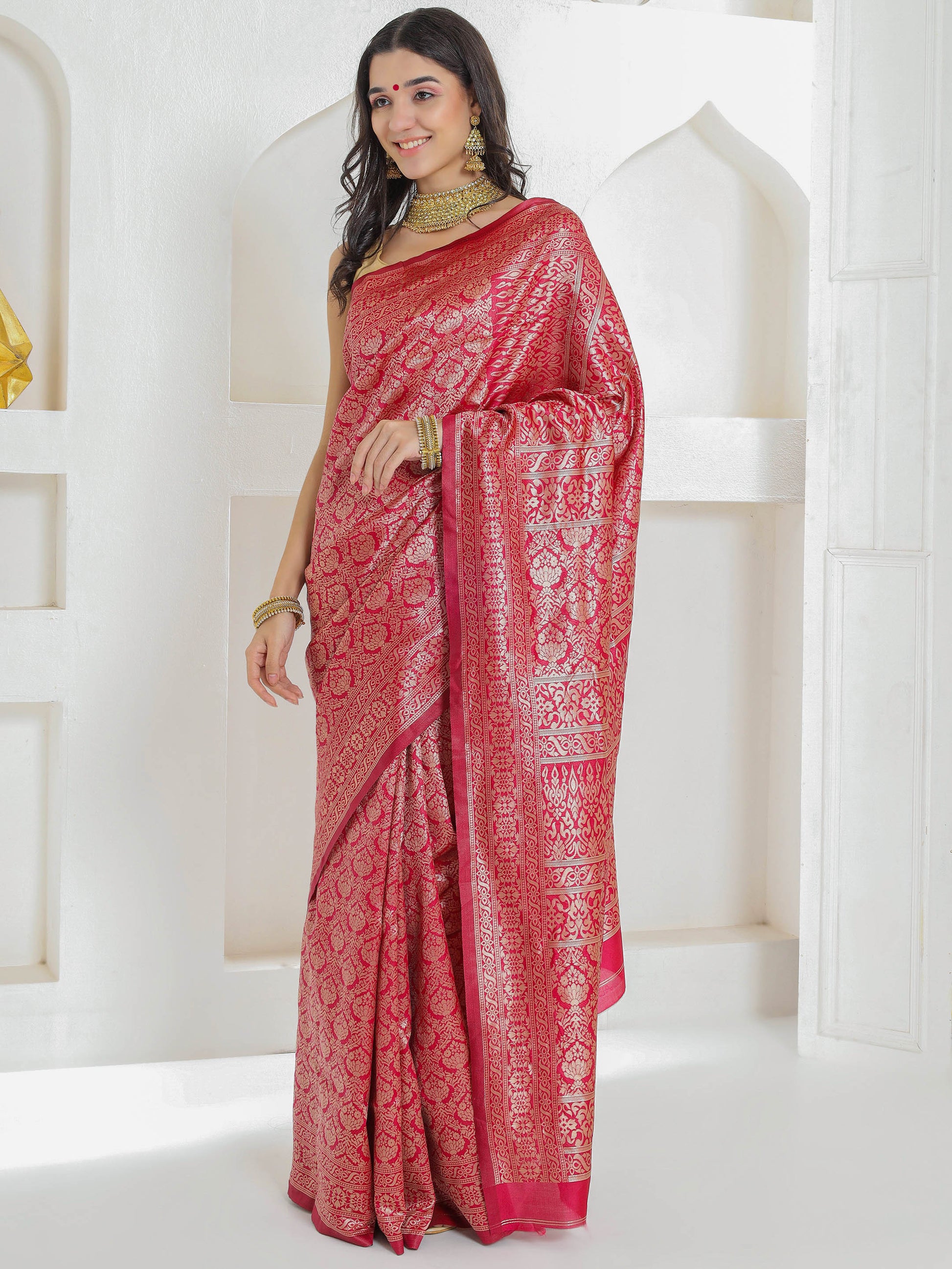 Brocade Silk Saree - Crimson