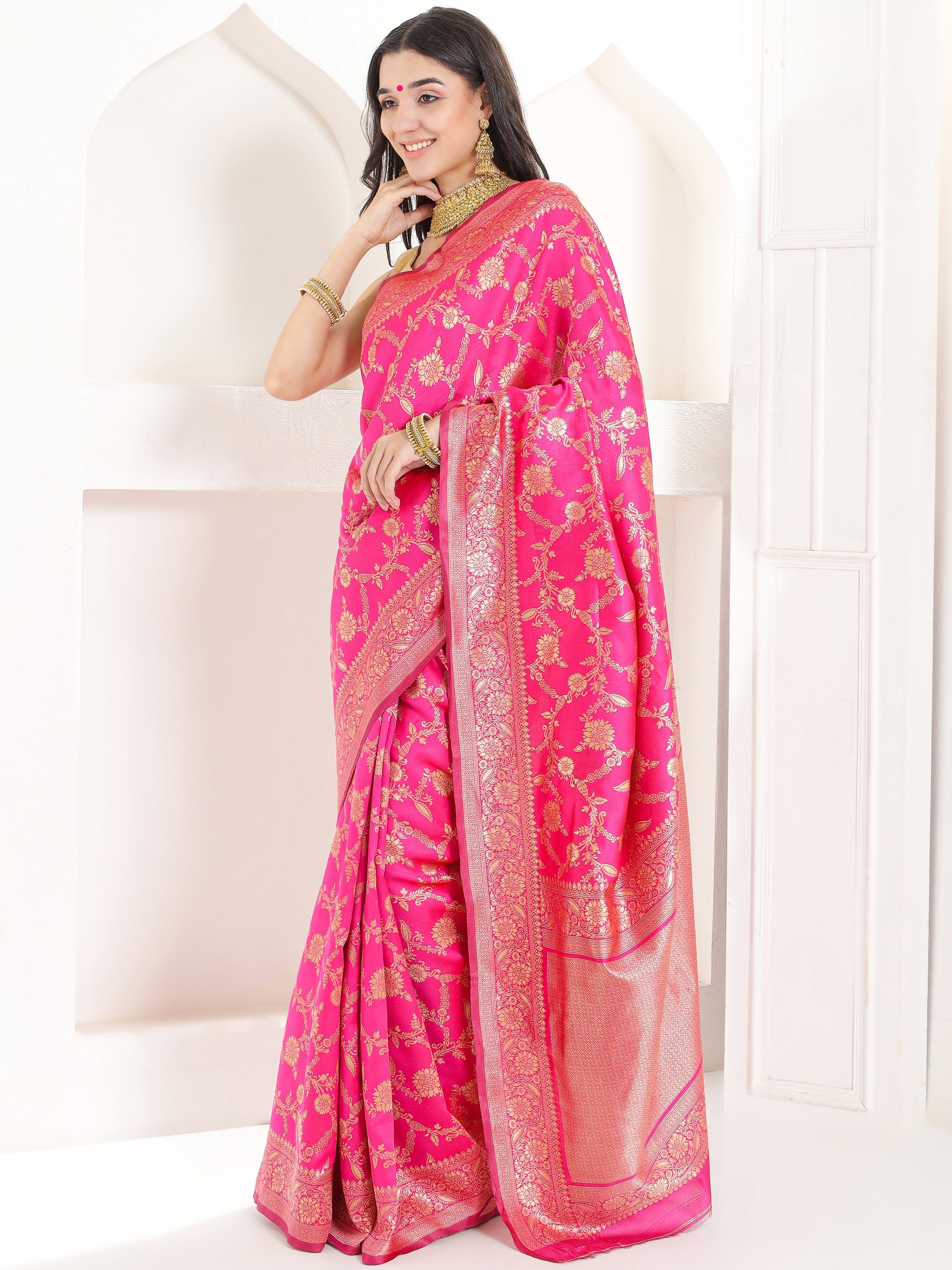 Banarasi Woven Silk Saree - Hot Pink