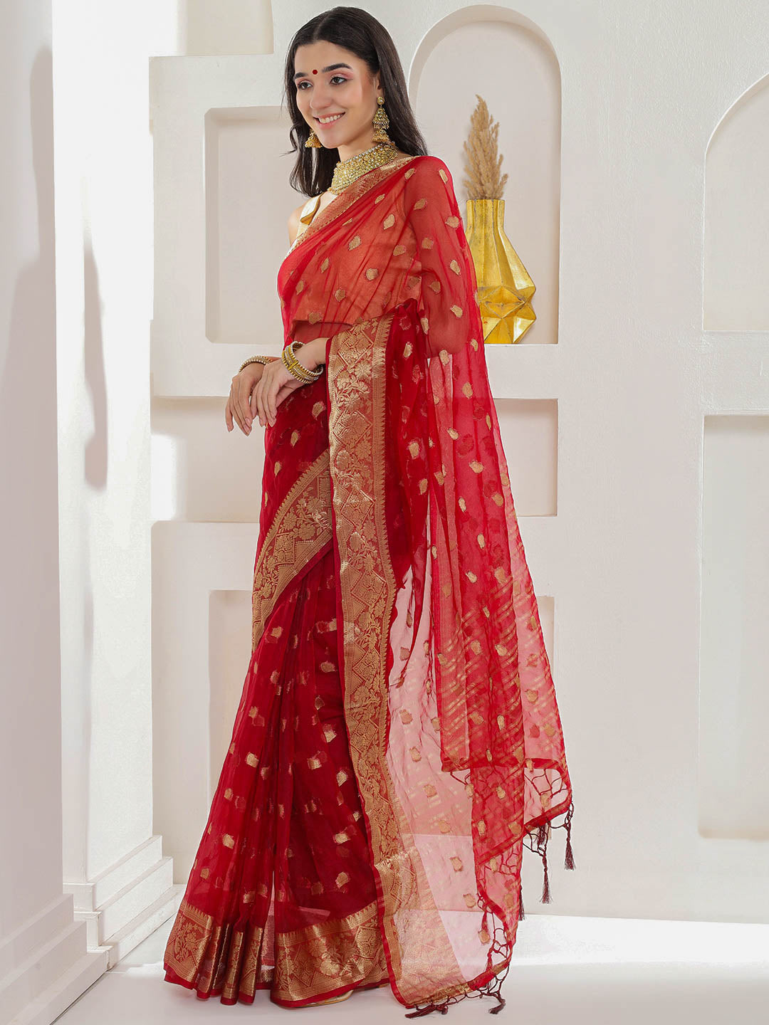 Banarasi Woven Organza Saree - Scarlet Red