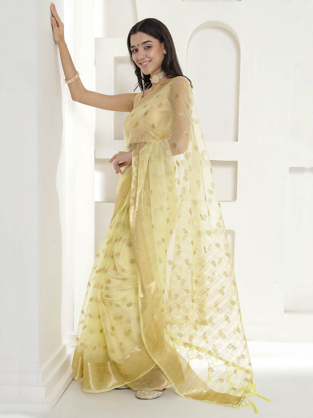 Banarasi Woven Organza Saree - Pale Yellow