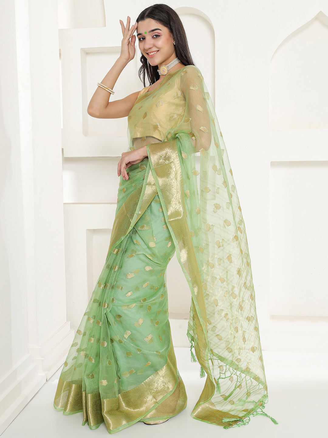 Banarasi Woven Organza Saree - Pistachio Green