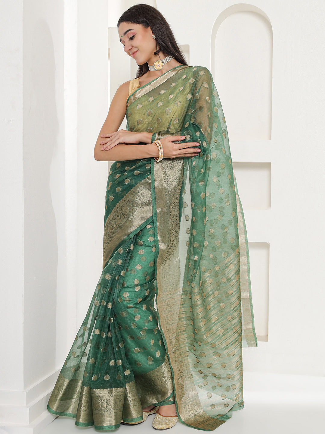 Banarasi Woven Organza Saree - Sacramento Green