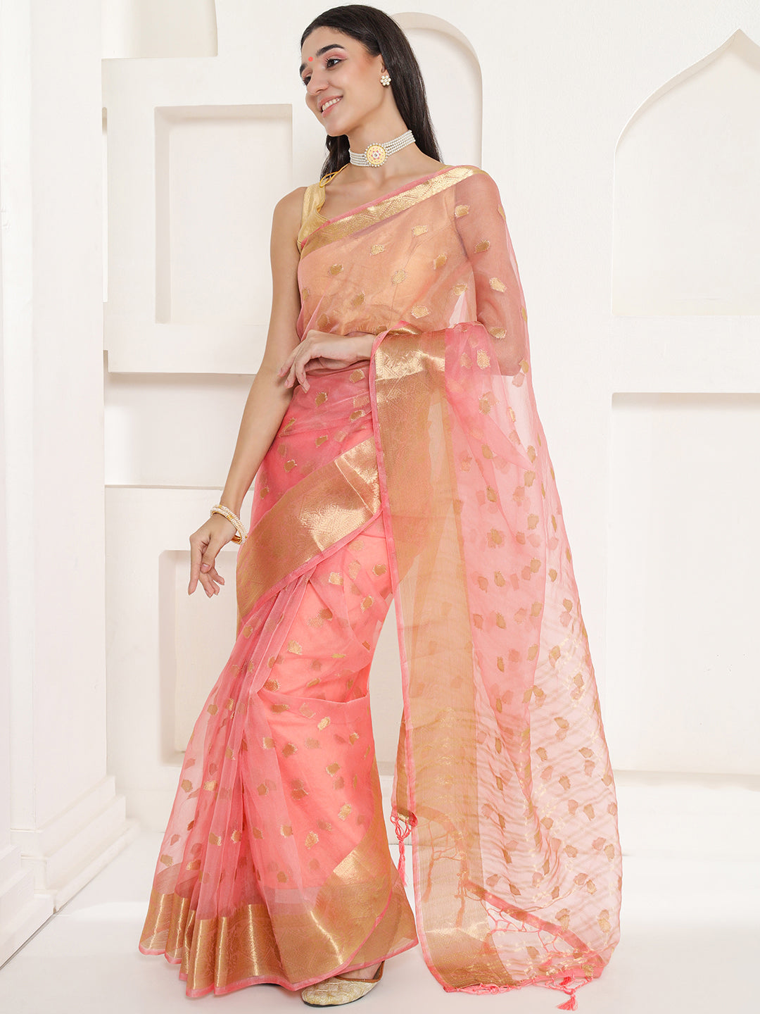 Banarasi Woven Organza Saree - Peach