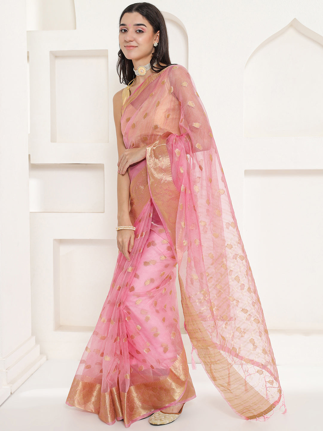 Banarasi Woven Organza Saree - Flamingo Pink