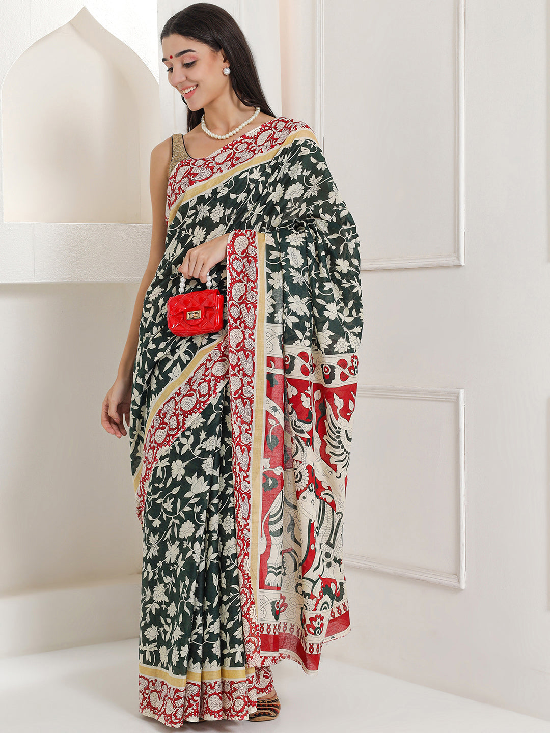 Ajrakh Print Cotton Saree - Verdant Green