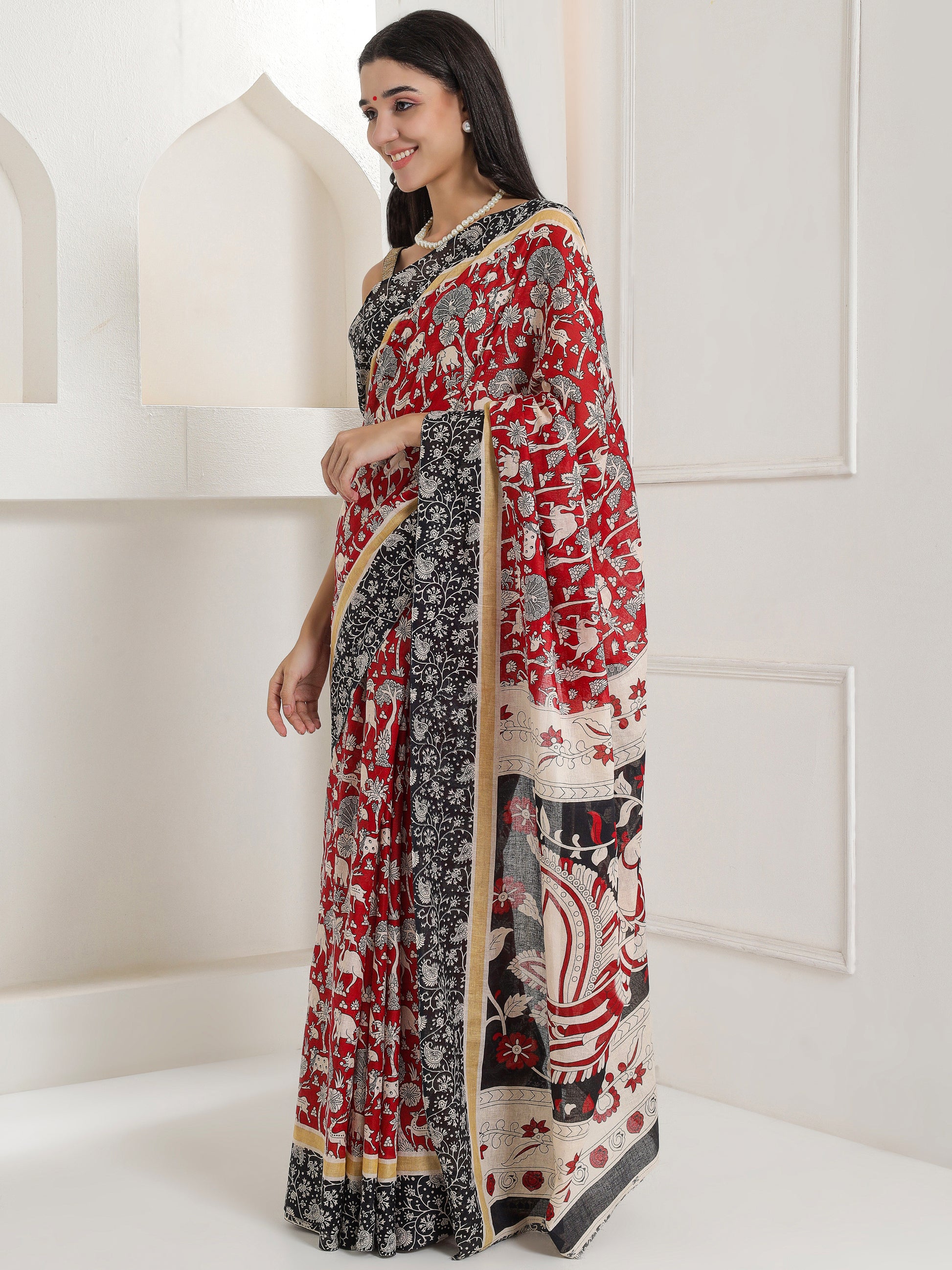 Ajrakh Print Cotton Saree - Deep Red