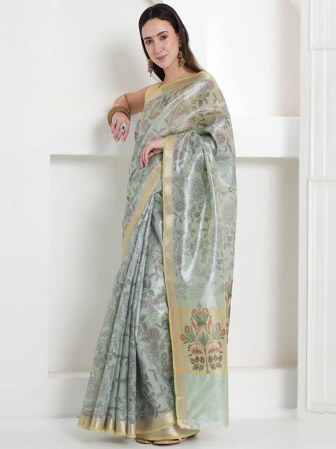 Banarasi Woven Tissue Saree - Pastel Sage Green & Gold