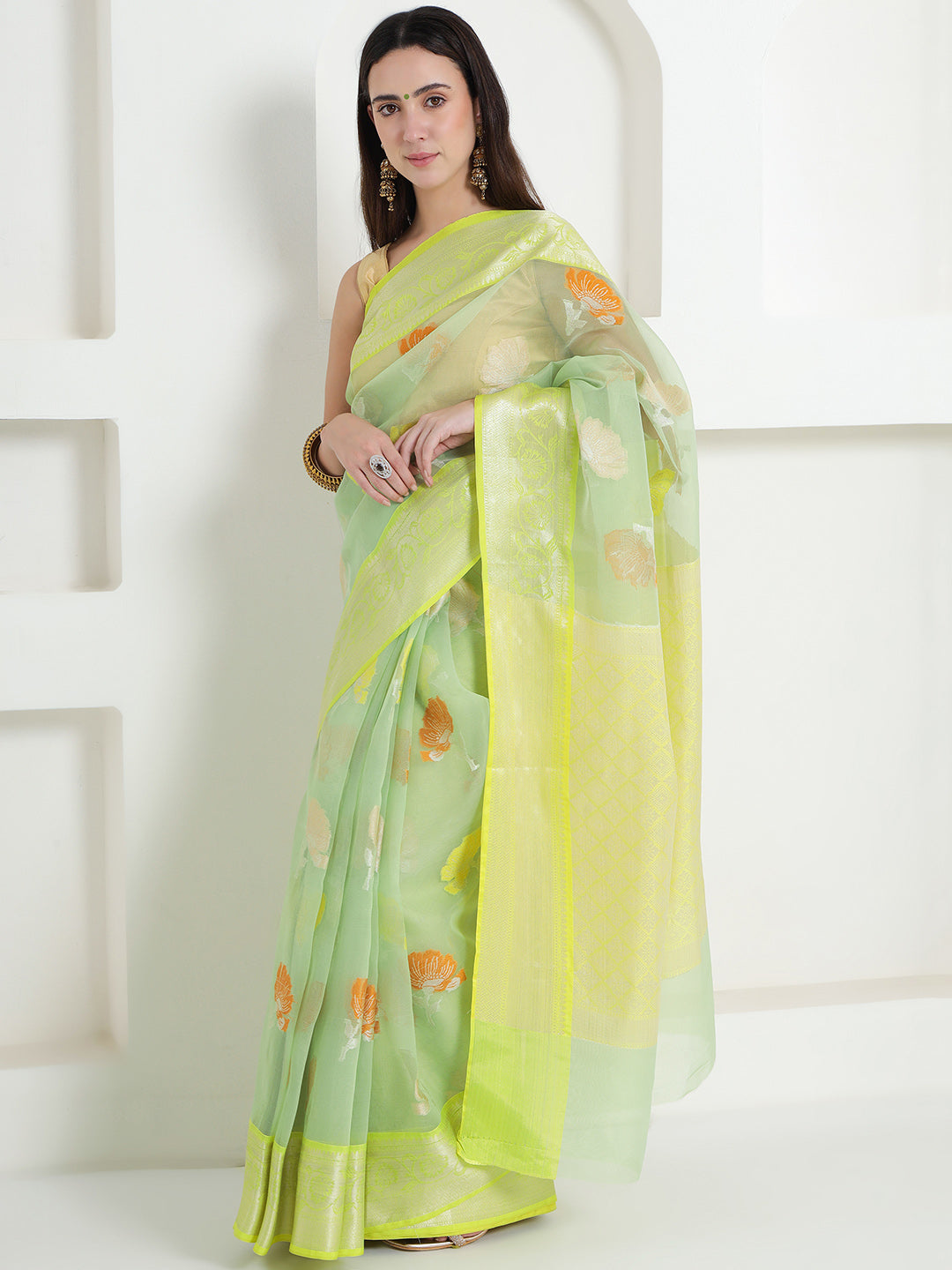 Banarasi Woven Organza Saree - Lemon Yellow & Mint