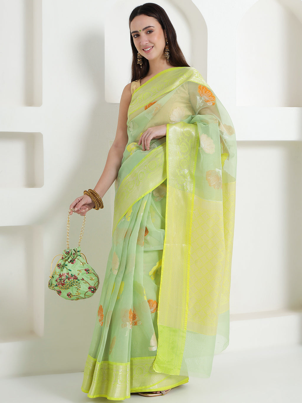 Banarasi Woven Organza Saree - Lemon Yellow & Mint