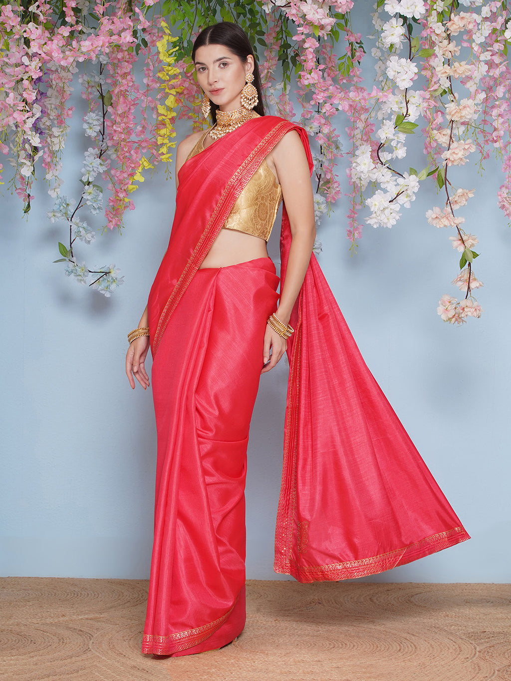 Svaroski Buta Silk Blend Saree - Hot Pink