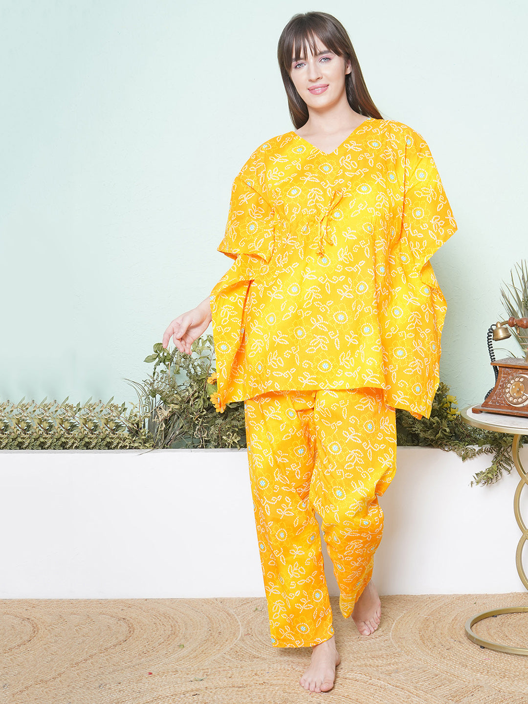 Printed Kaftan Lounge Wear - Yellow