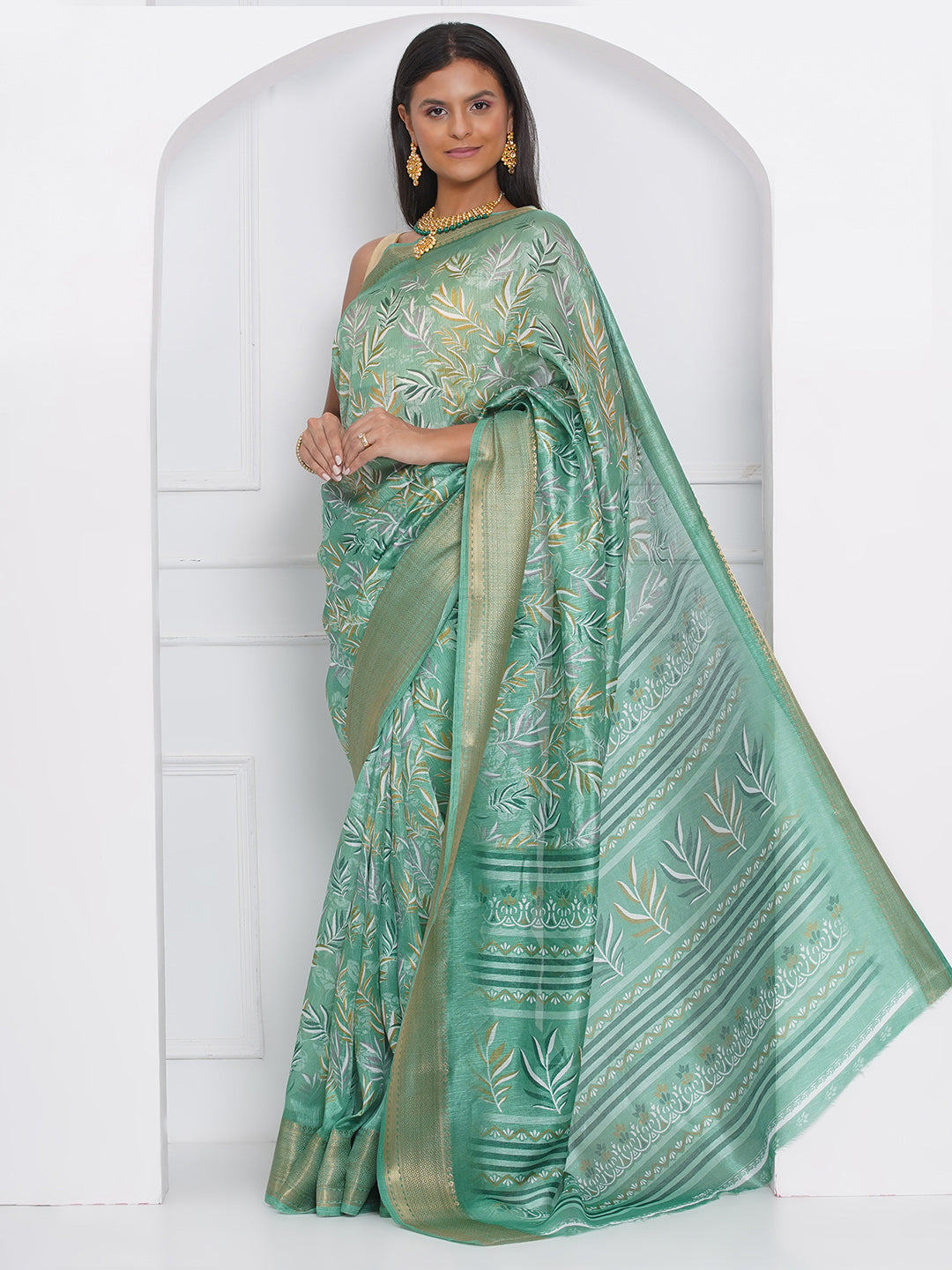 Cotton Silk Batik Print Saree - Cyan