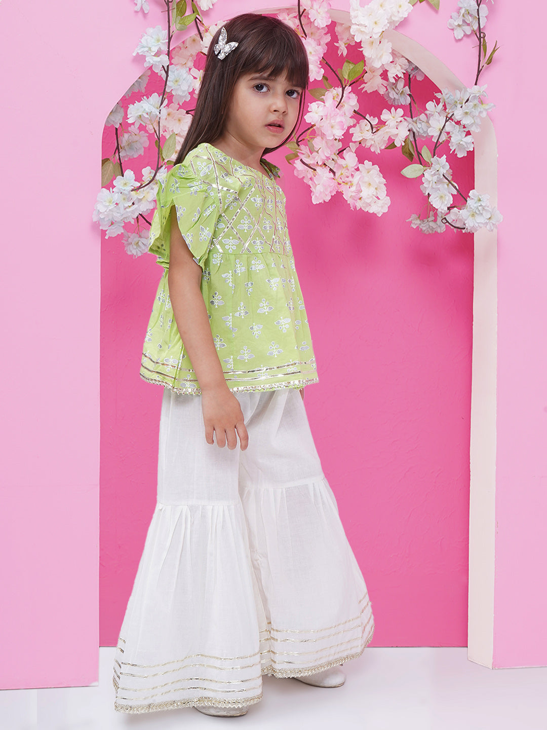 Girls Floral Printed Gota Patti Cotton off Shoulder Peplum Sharara - Light Green