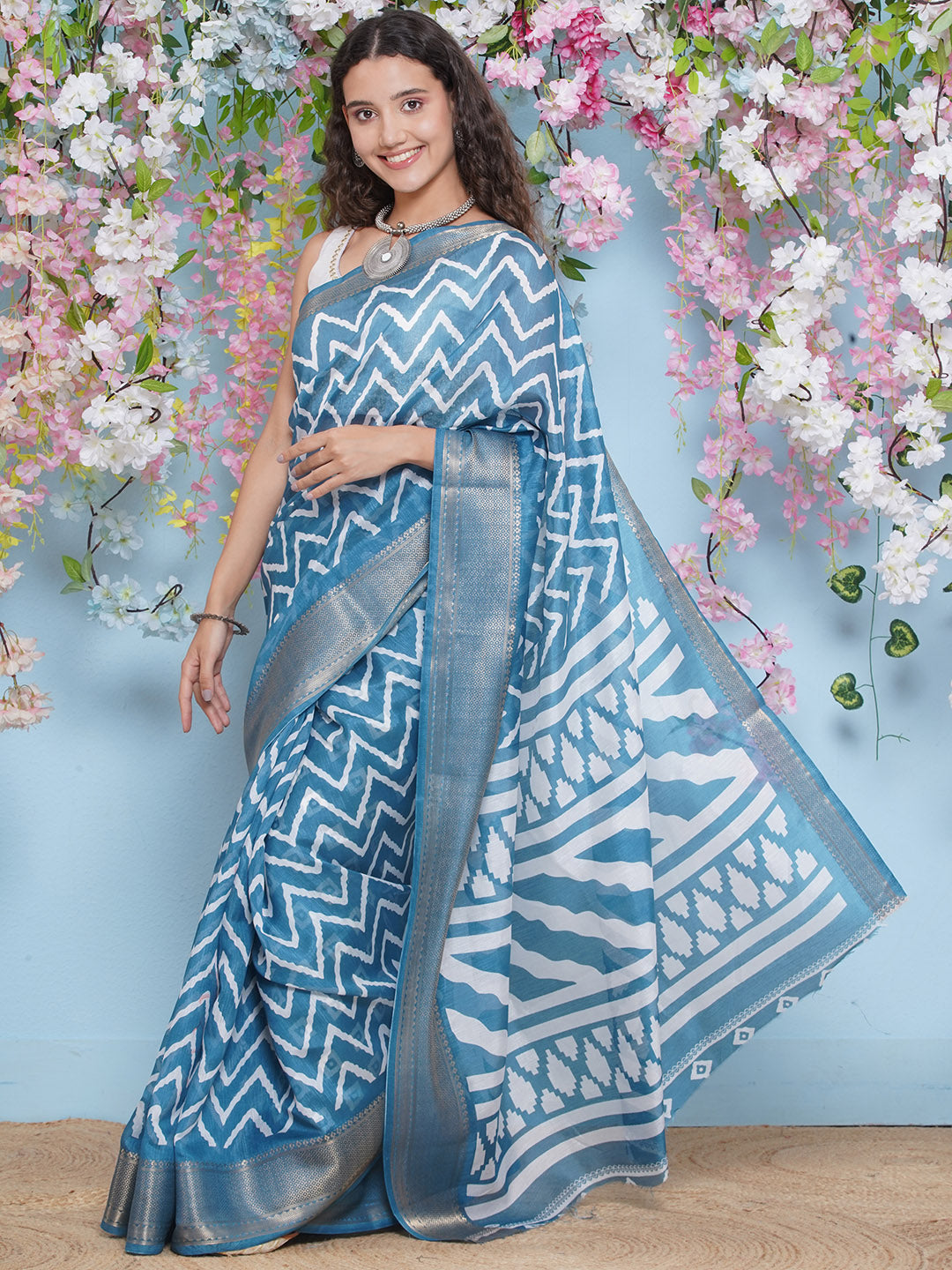 Cotton Silk Chevron Pattern Saree - Blue