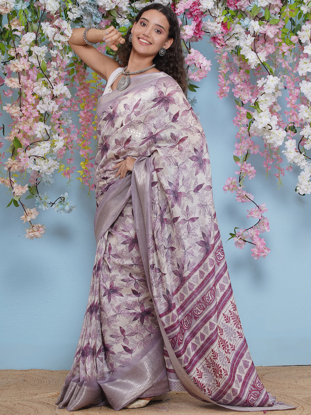 Cotton Silk Jacobean Pattern Saree - Lavender