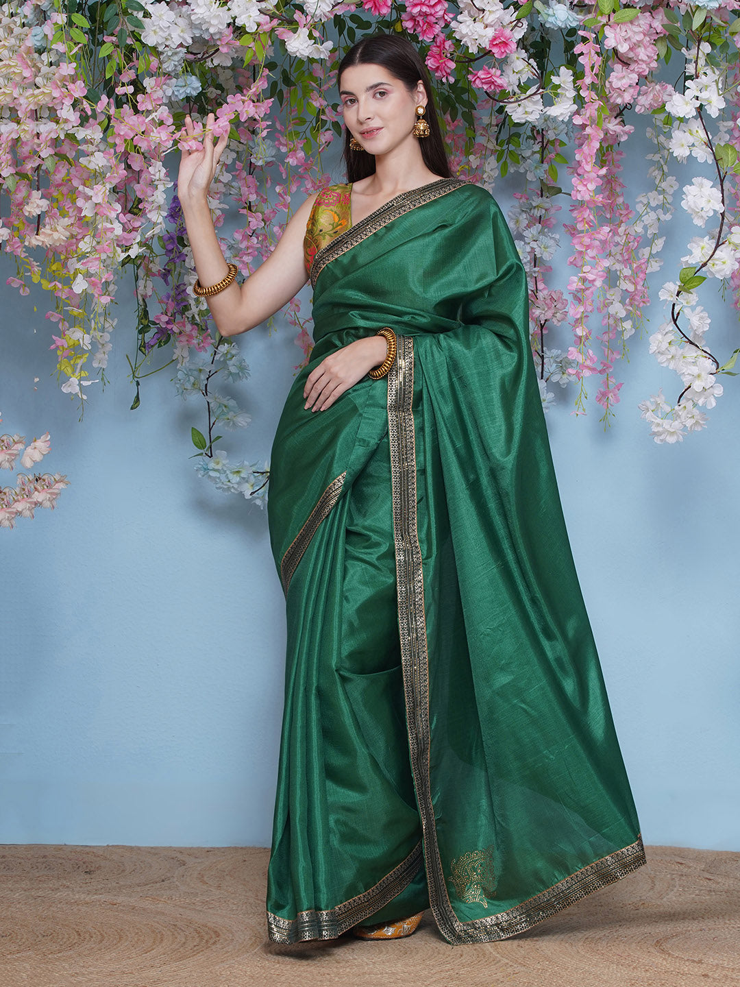 Svaroski Buta Silk Blend Saree - Emerald Green