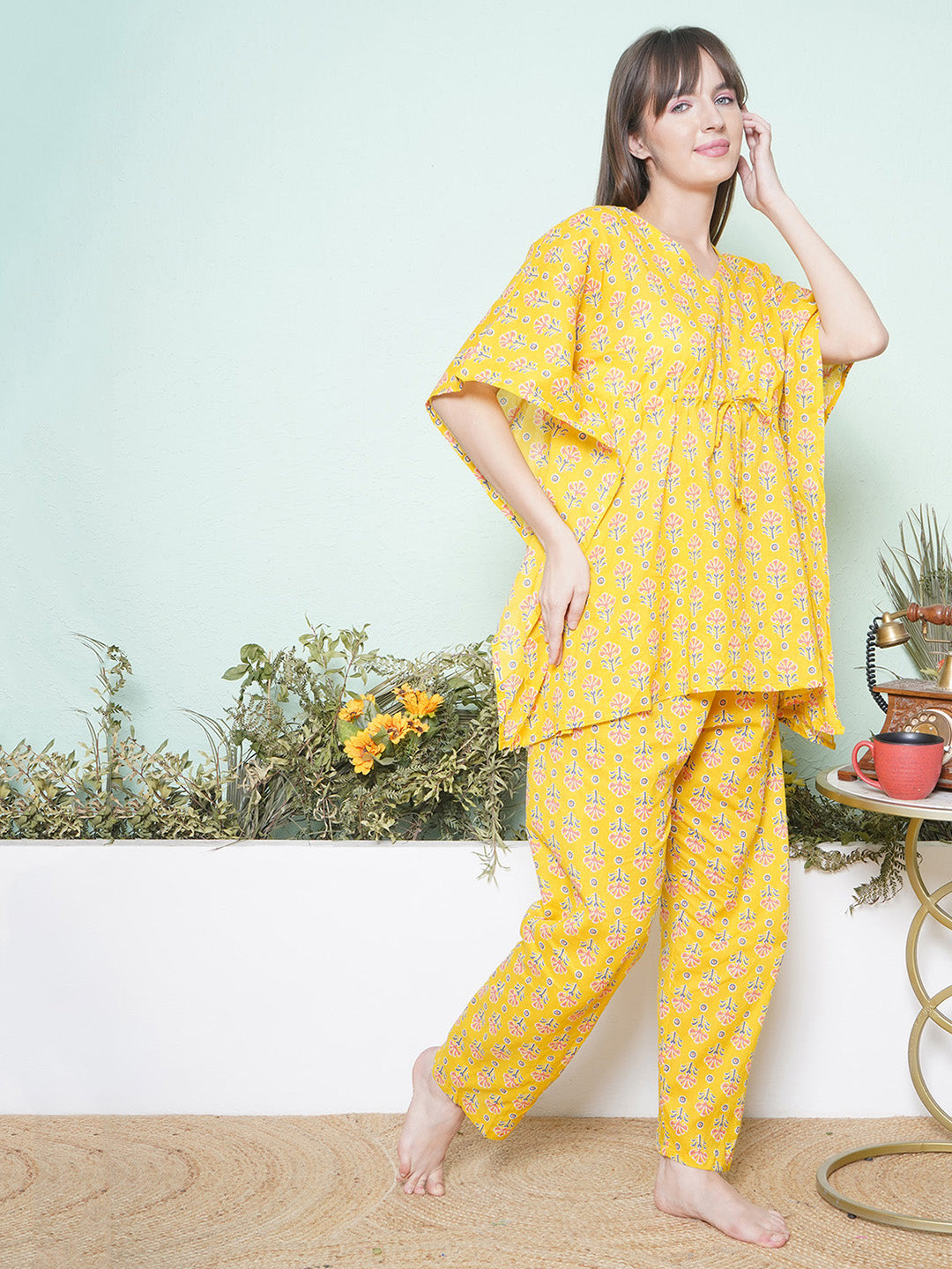 Printed Kaftan Lounge Wear - Yellow