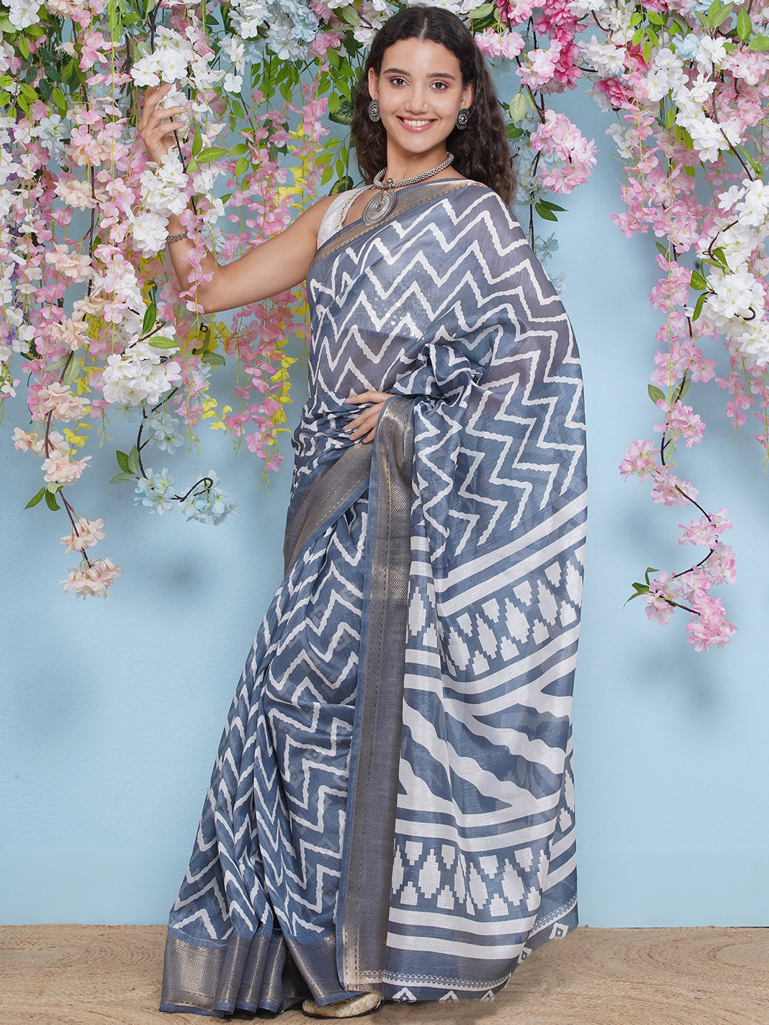 Cotton Silk Chevron Pattern Saree - Pastel Blue