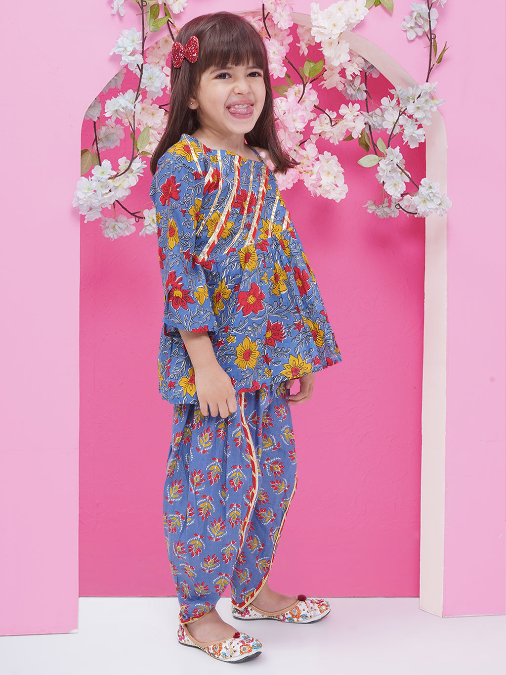 Girls Gotta Patti Printed off shoulder Kurti with Dhoti Pant - Purple