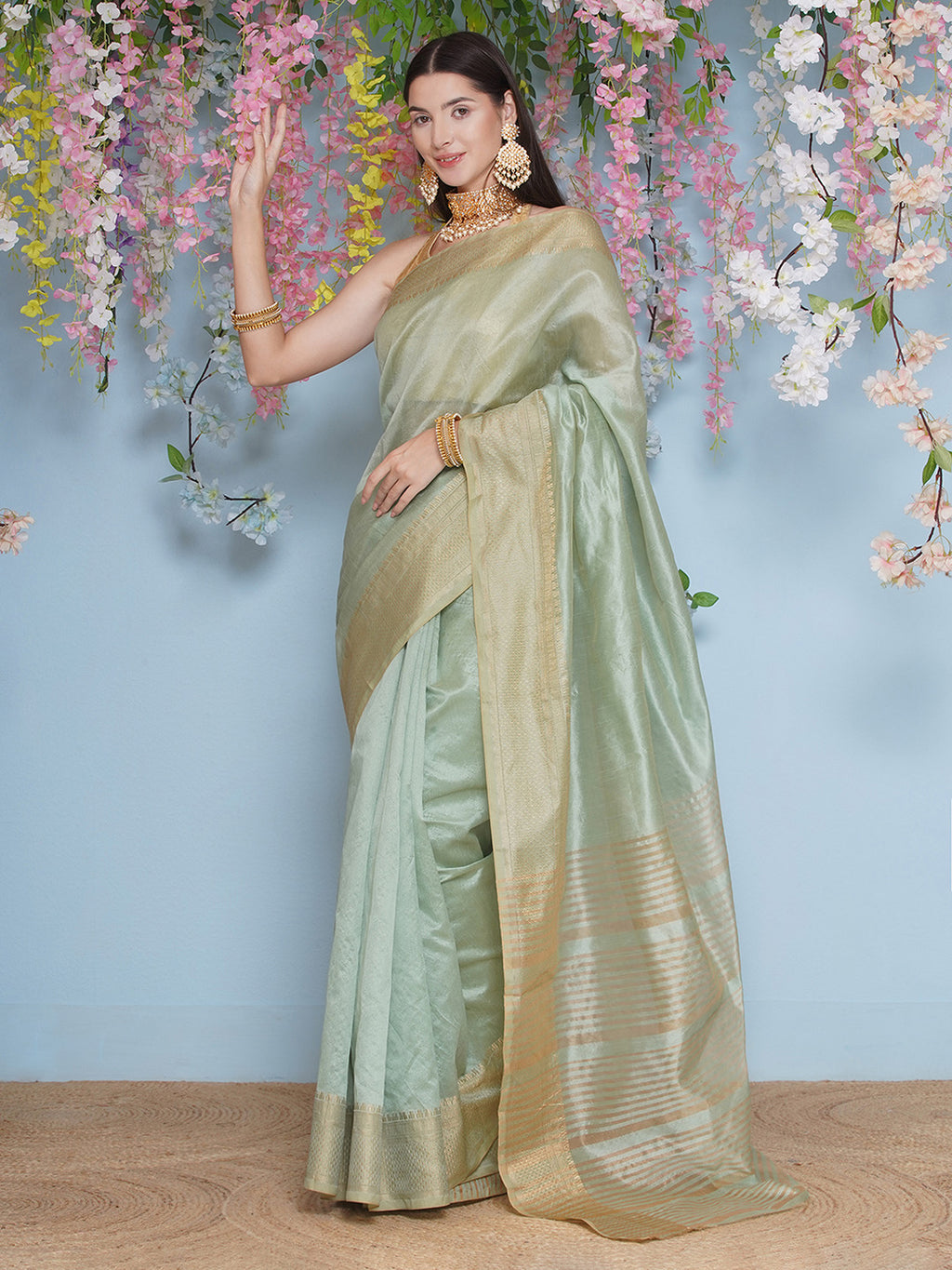 Tussar Silk Saree with Golden Zari Work - Mint Green